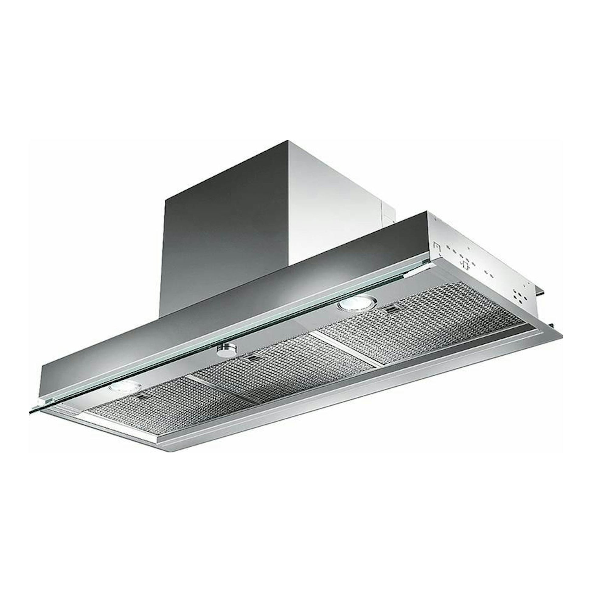 Campana integrada Mepamsa Secret 90 Inox de acero inoxidable, vista inferior en ángulo.