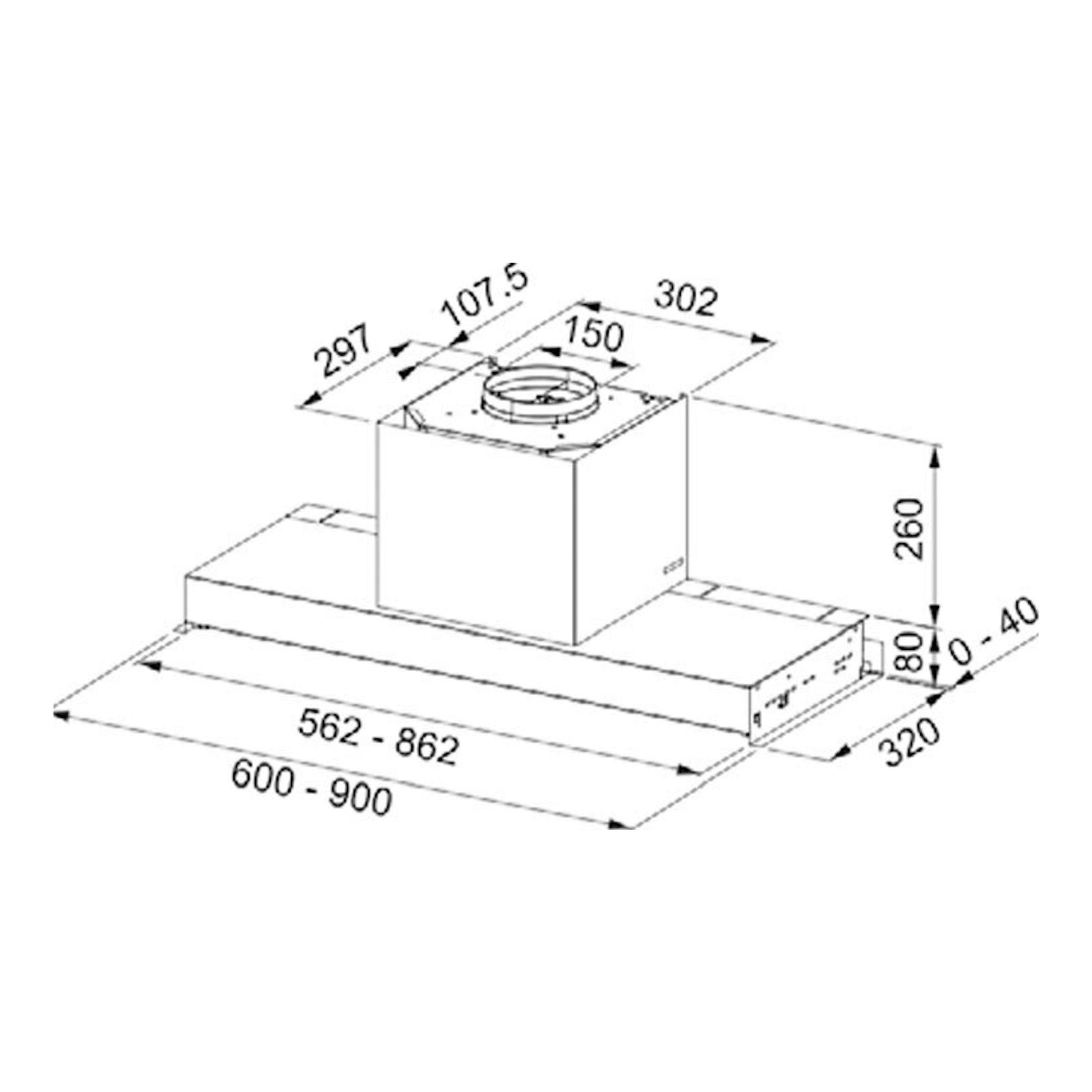 Mepamsa Secret Zero Gotas 60 cm, dibujo técnico de campana integrada en perspectiva con medidas.
