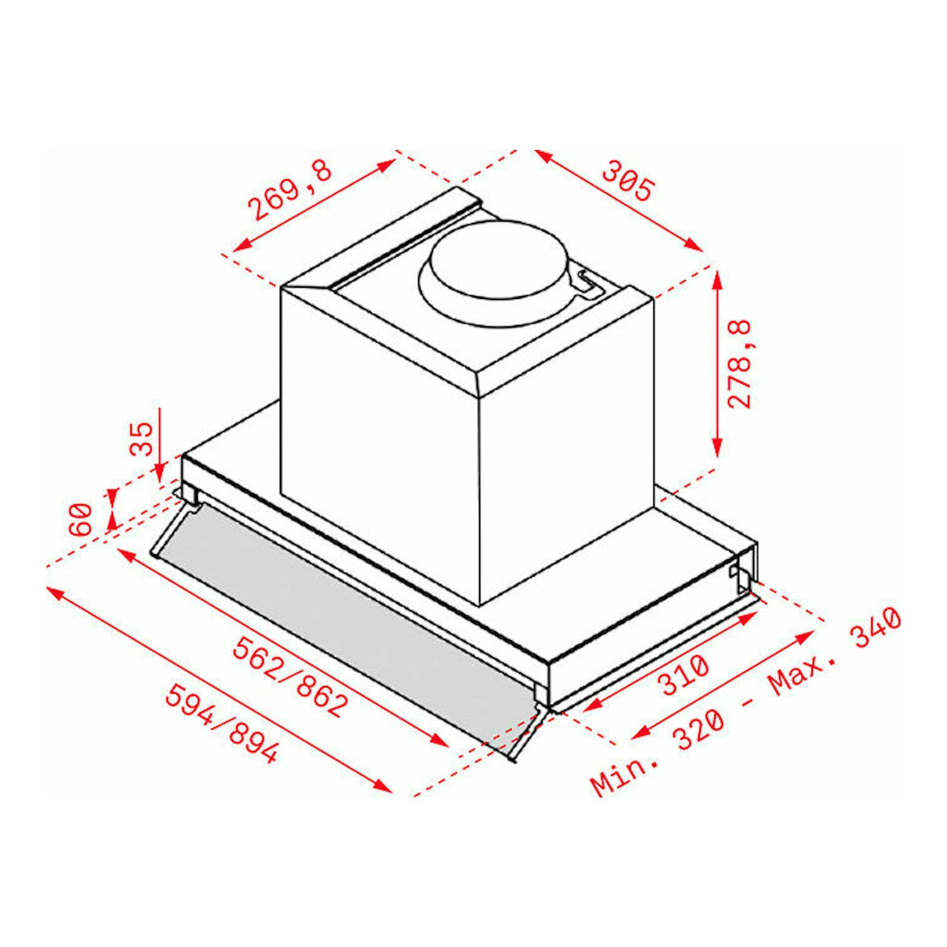 Teka INTEGRA 96750 POS IX SS, campana integrada en acero inox, vista isométrica con medidas.