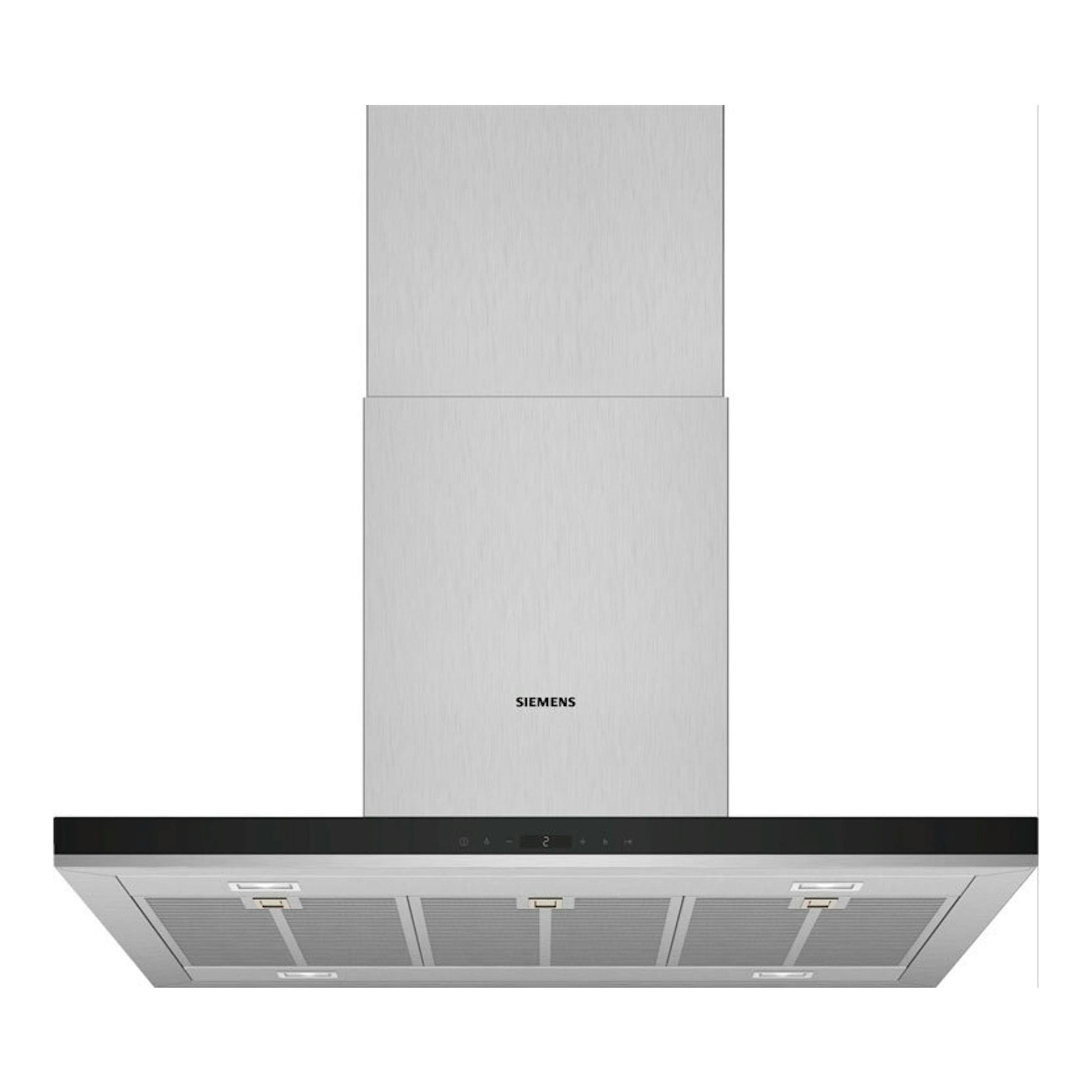 Campana isla Siemens LF98BIP50 en inox, vista frontal, con panel negro y filtros metálicos.