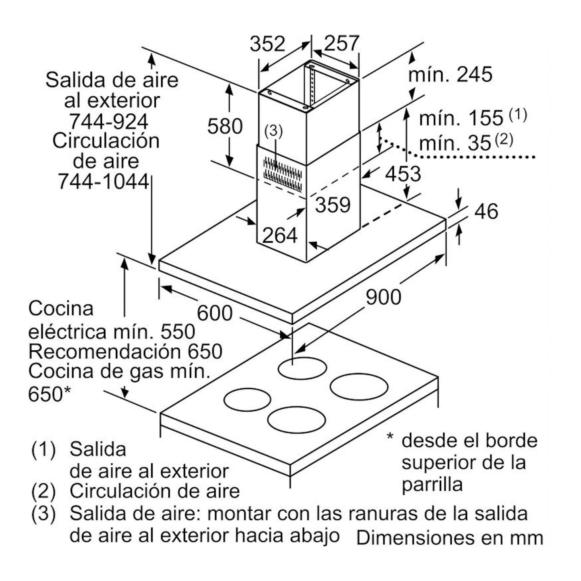Esquema técnico de campana isla Siemens LF98BIP50 inox 90 cm, con medidas de instalación en mm.