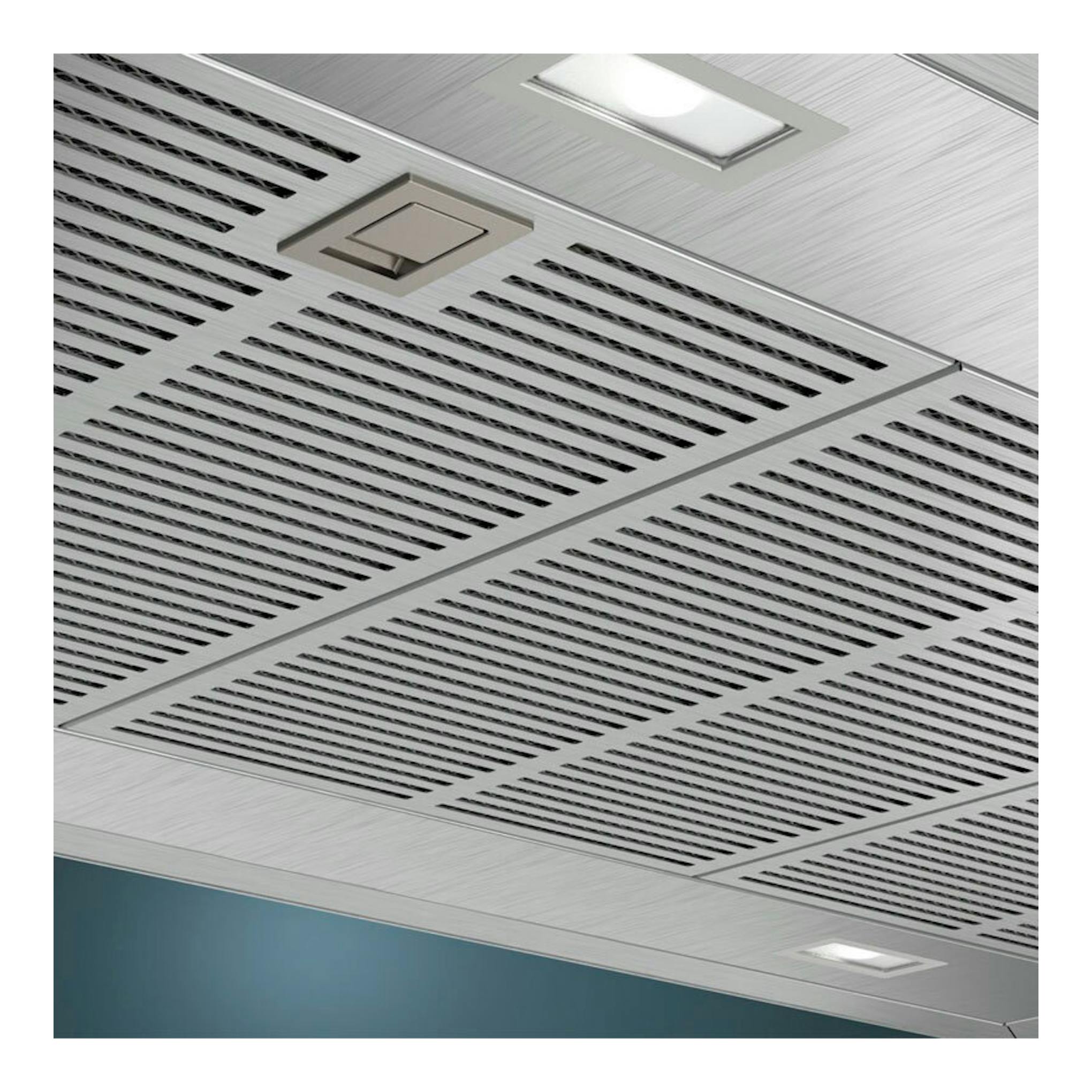 Campana isla Siemens LF98BIP50 de acero inoxidable, vista inferior, con rejillas y luces integradas.