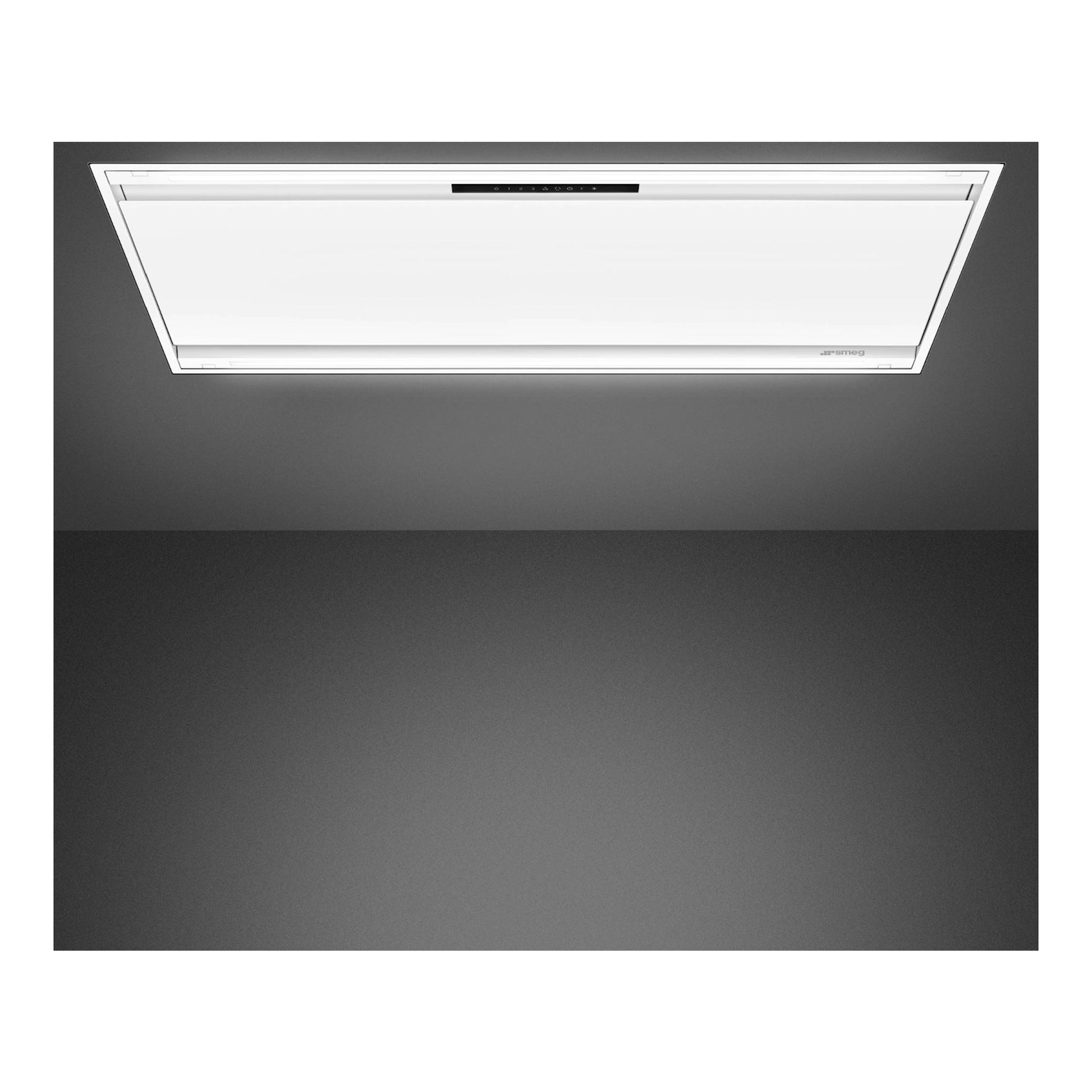 Campana de techo Smeg KLT12L4WH blanca mate, vista frontal en techo.