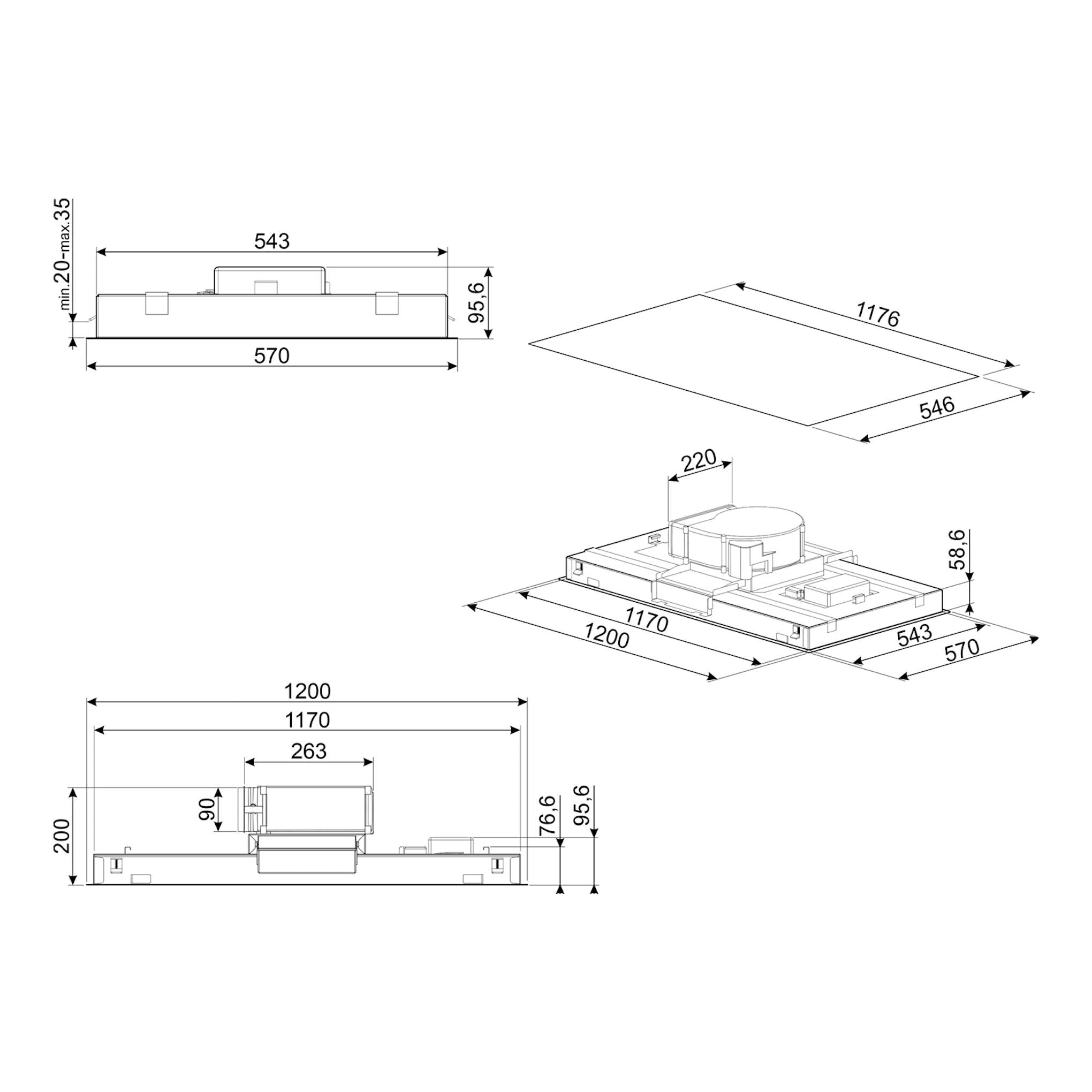 Plano técnico de campana de techo Smeg KLT12L4WH, blanco mate, 120 cm, con cotas y vistas.