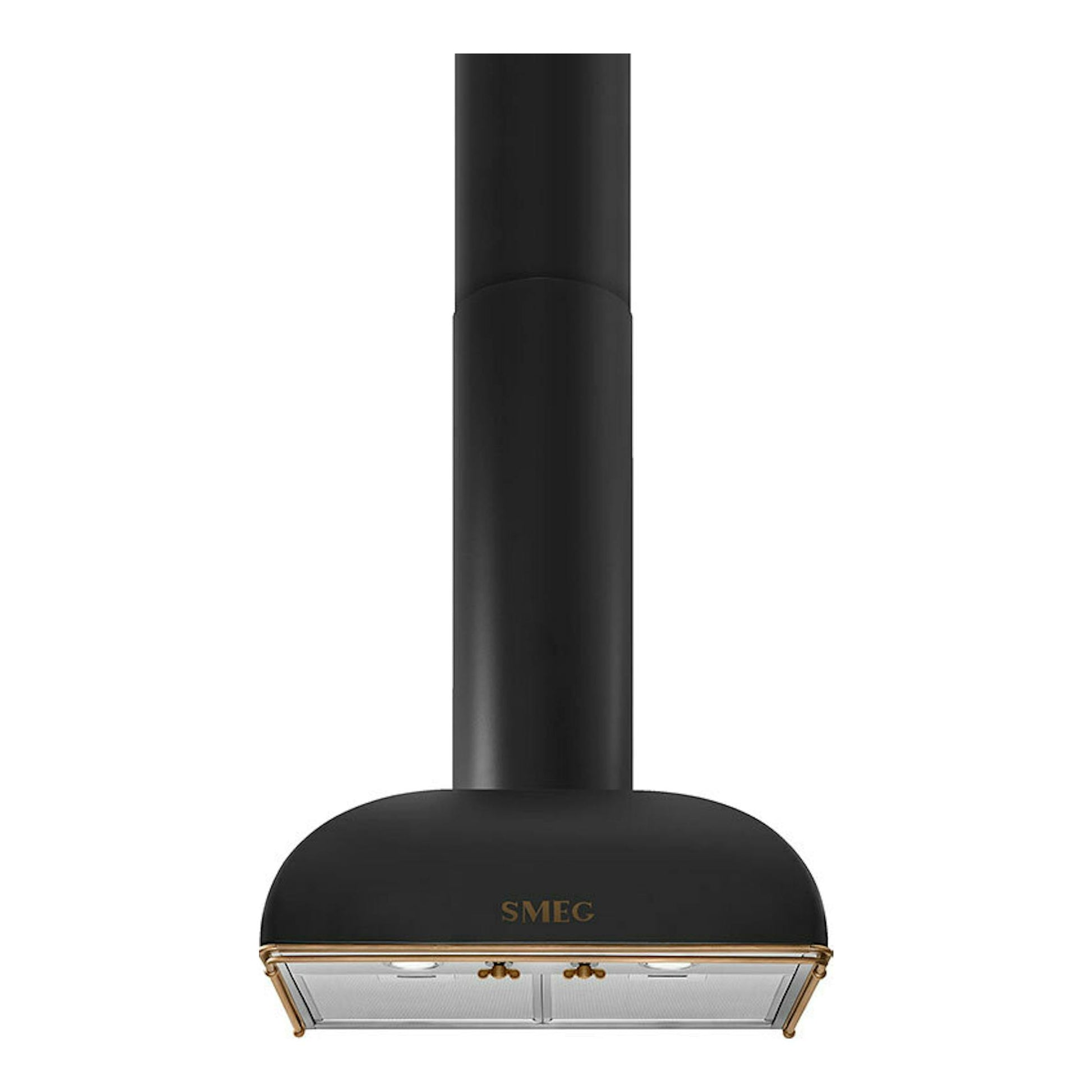 Campana extractora Smeg KS59AOE2 antracita, vista frontal, con chimenea negra y detalles dorados.
