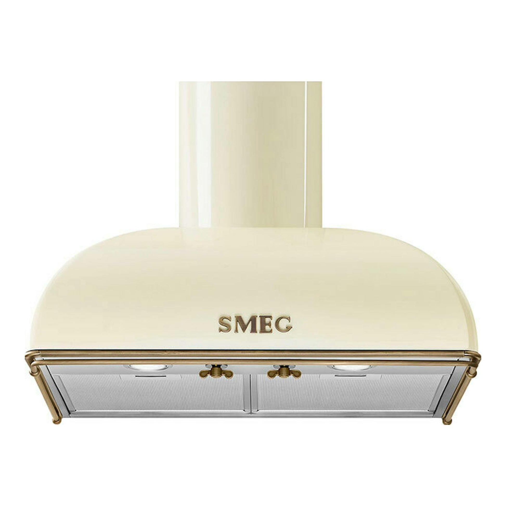 Campana extractora Smeg KS59POE2 color crema, vista frontal, con logo SMEG y filtro metálico inferior.