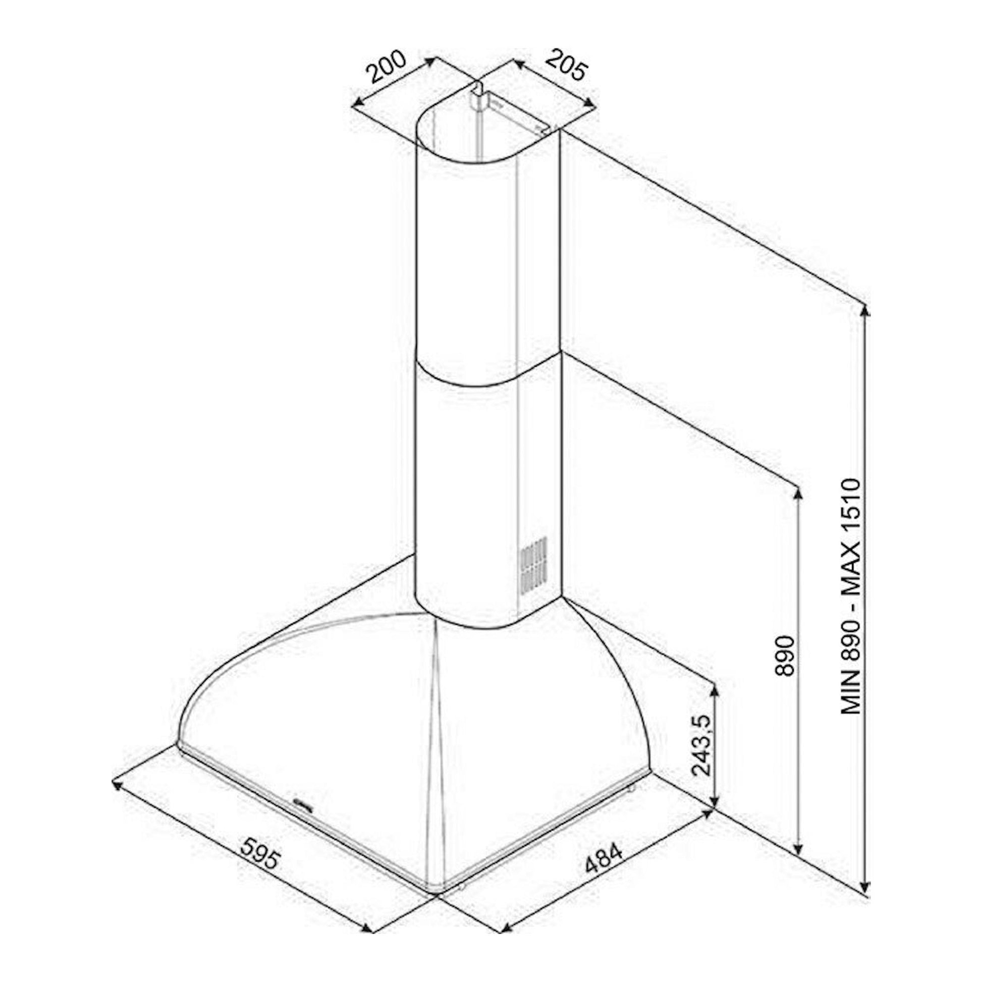 Dibujo técnico isométrico de campana extractora Smeg KS59POE2 crema, con medidas.