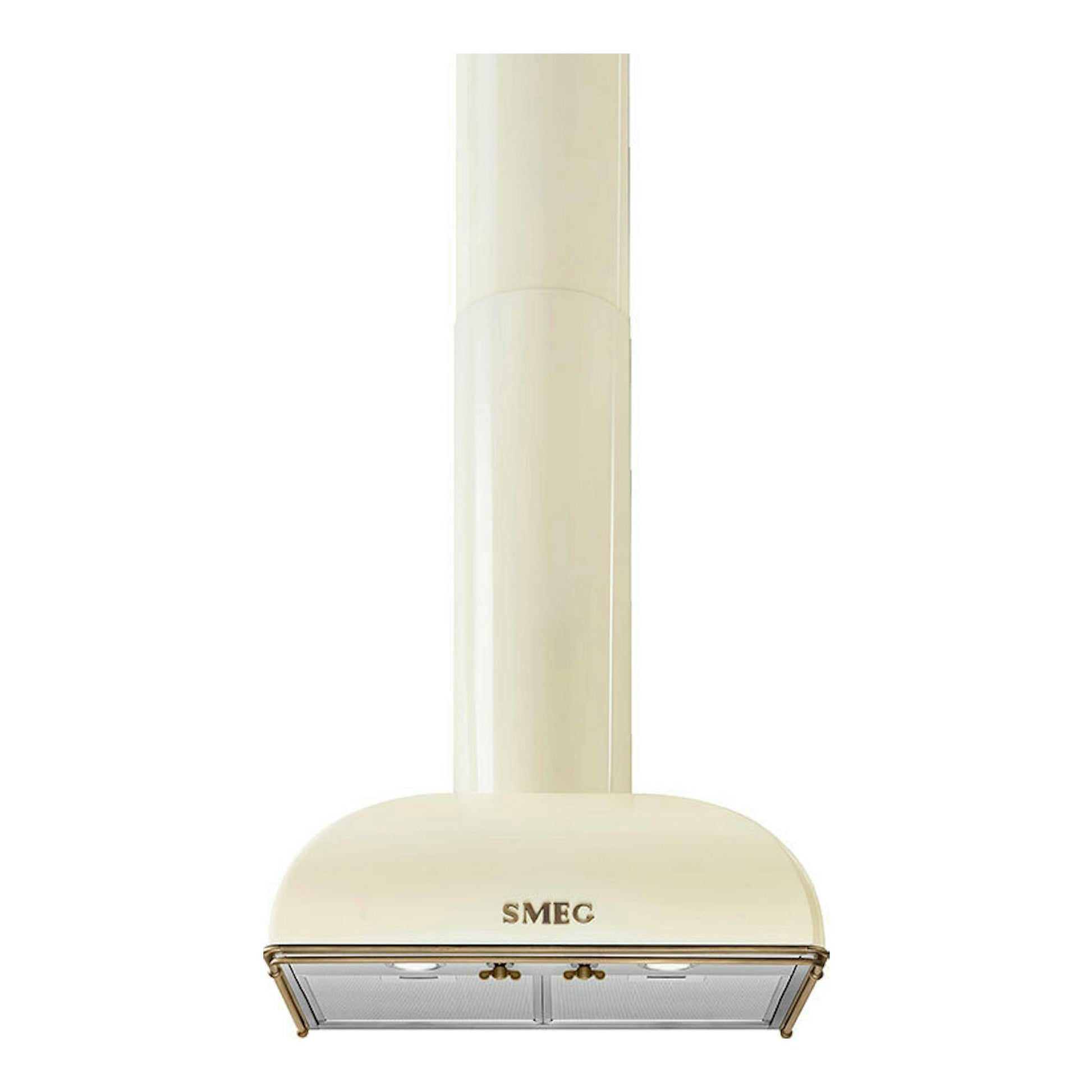 Campana extractora Smeg KS59POE2 crema, vista frontal, con tubo vertical y panel inferior metálico.