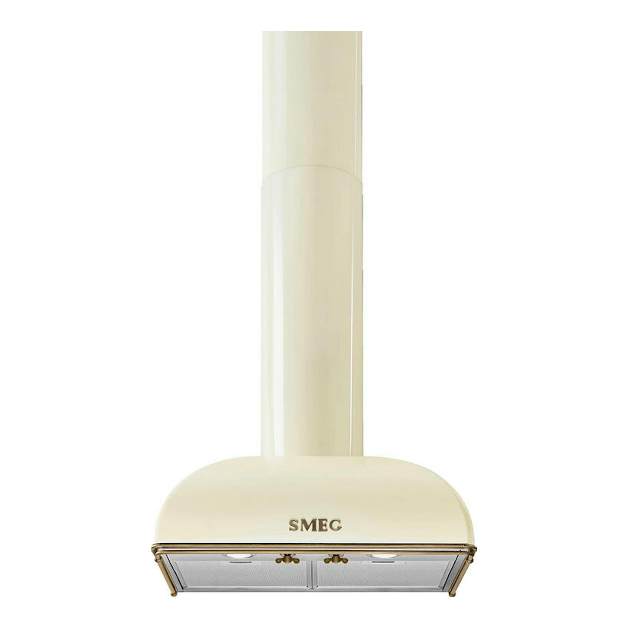 Campana extractora Smeg KS59POE2 crema, vista frontal, con tubo vertical y panel inferior metálico.