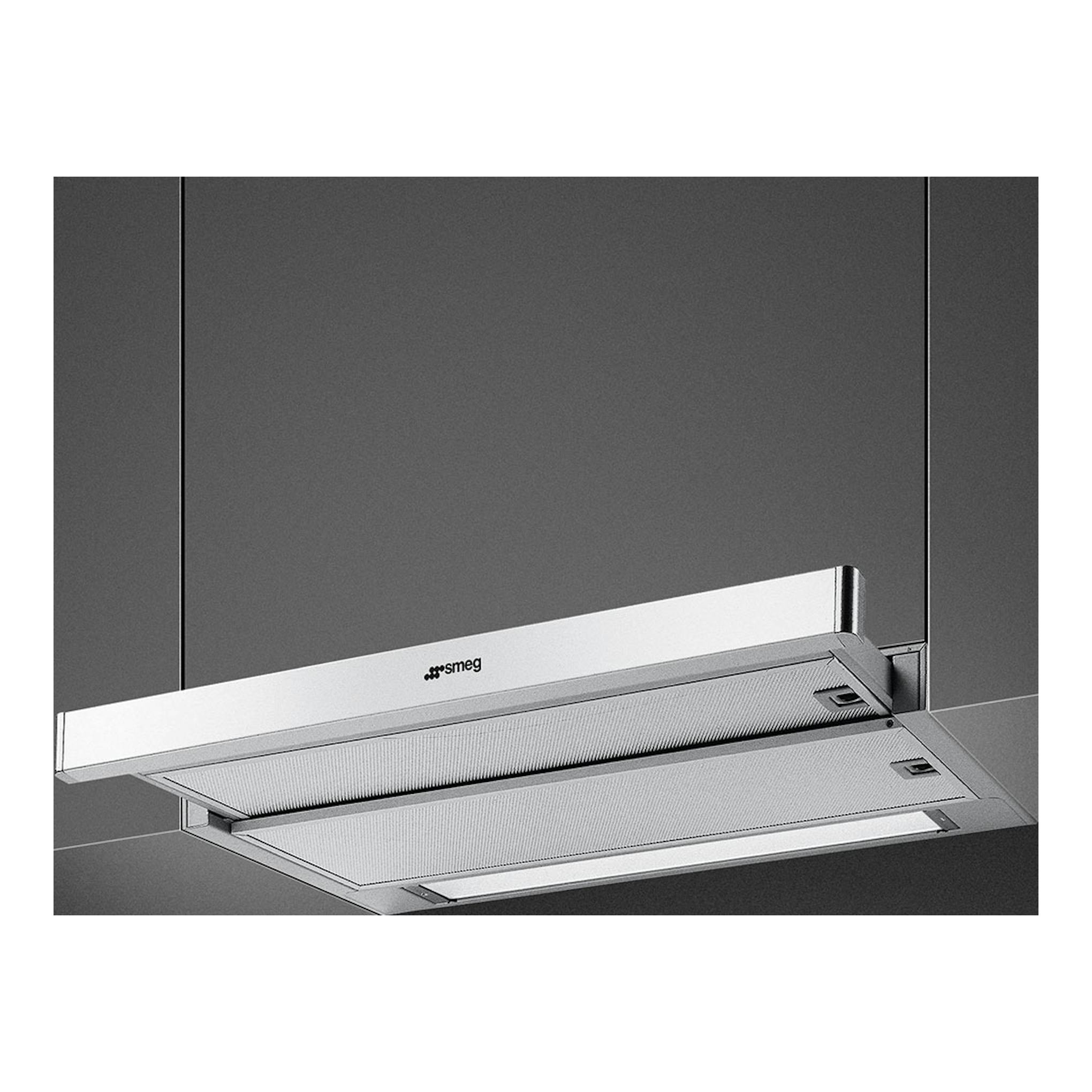 Campana integrable Smeg KSET6XE2 de inox, vista frontal inferior, bajo mueble.