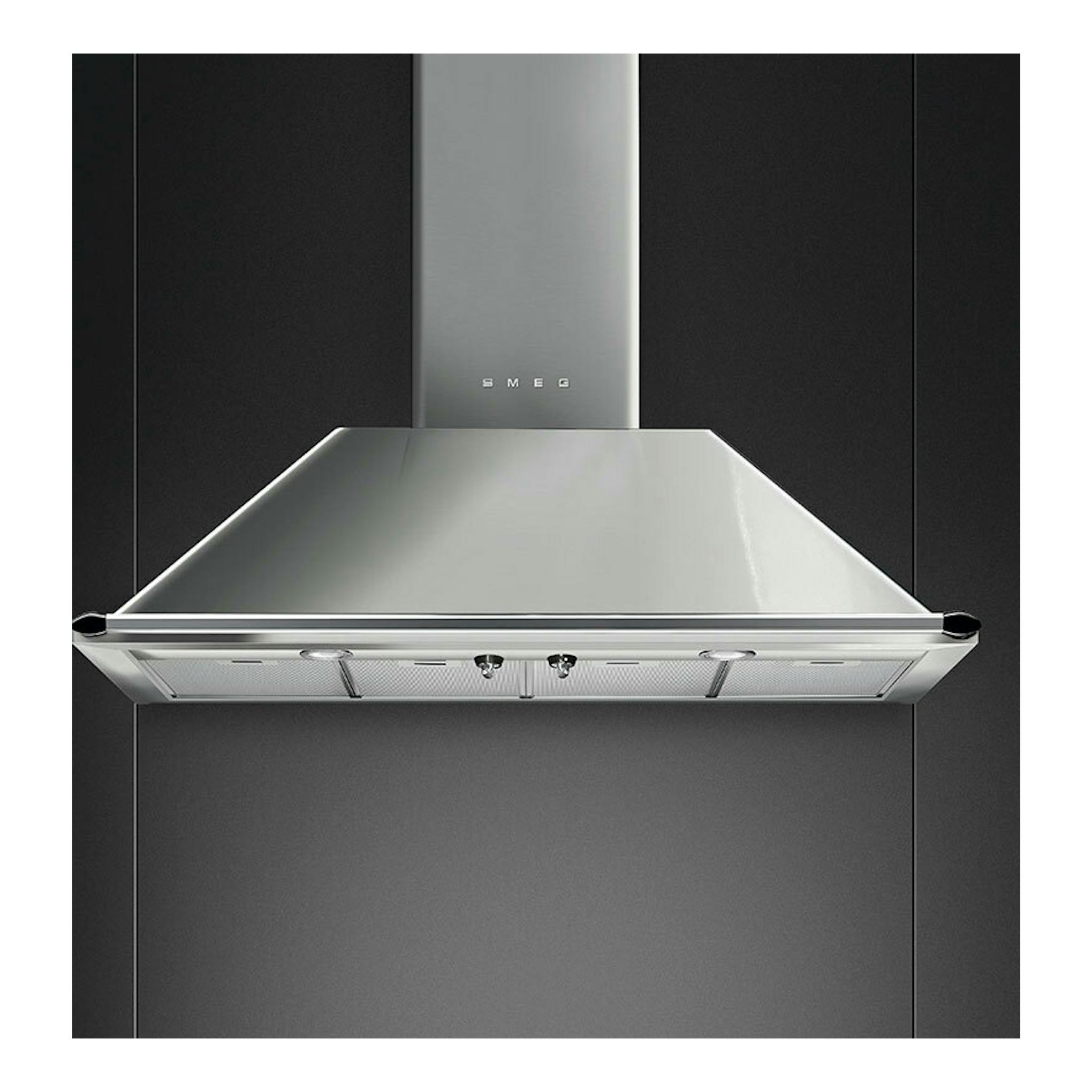 Campana extractora Smeg KTR110XE inox, vista frontal, montada en pared.