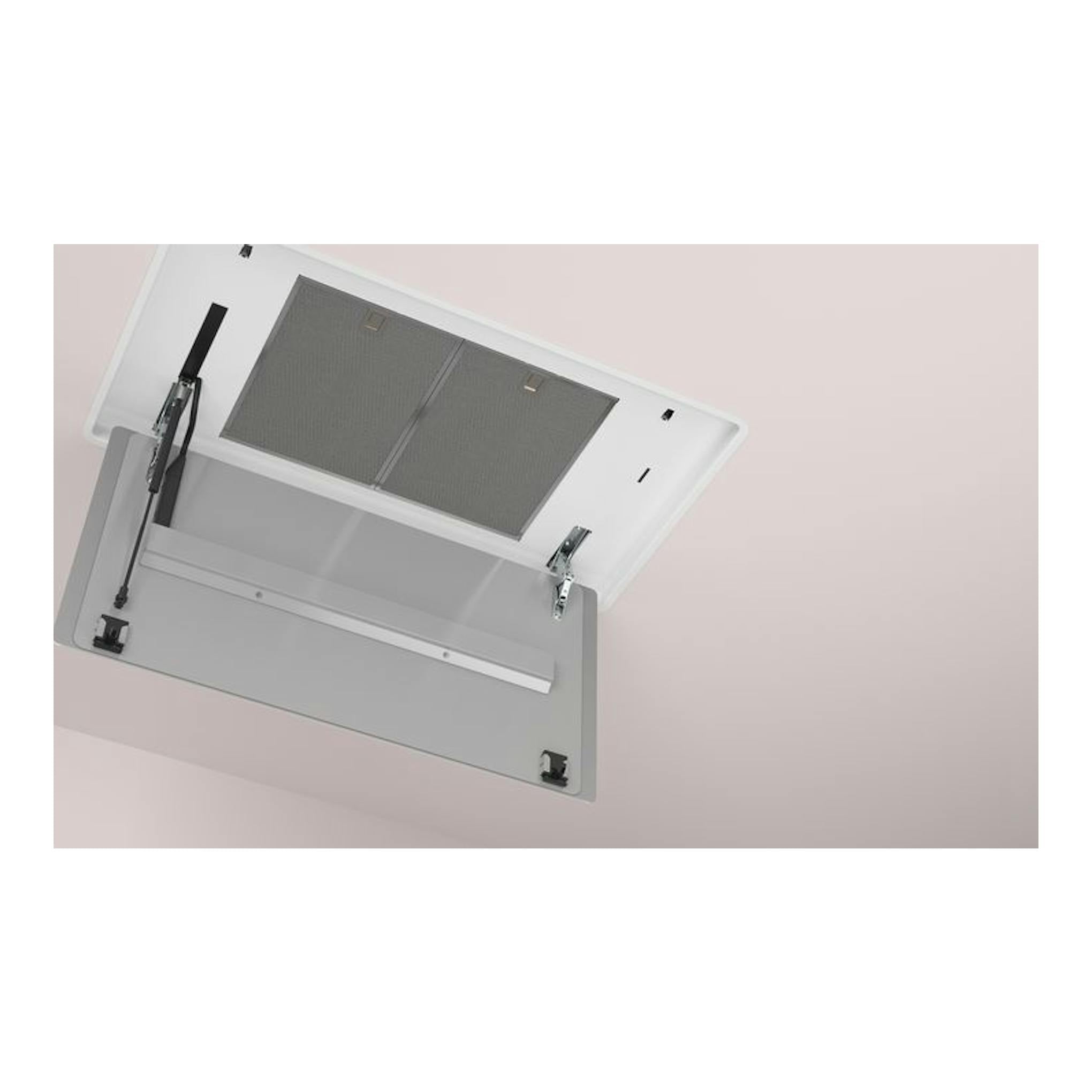Campana de techo Balay 3BE296ABC, vista inferior, panel de cristal blanco abierto y filtros grises.