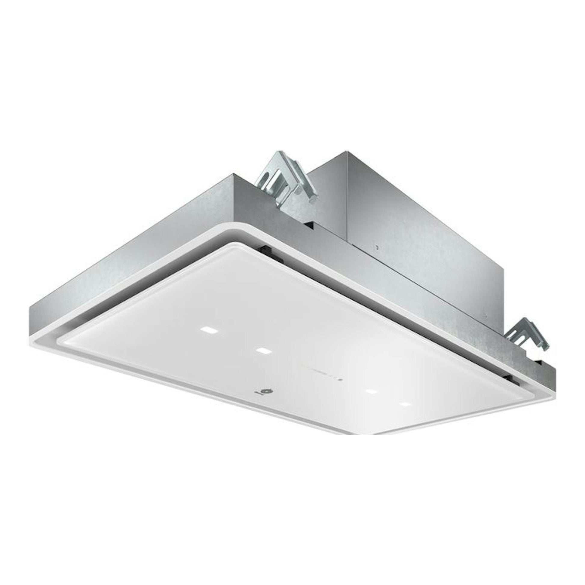 Campana de techo Balay 3BE296ABC, blanca, vista inferior en perspectiva, con panel de cristal blanco.