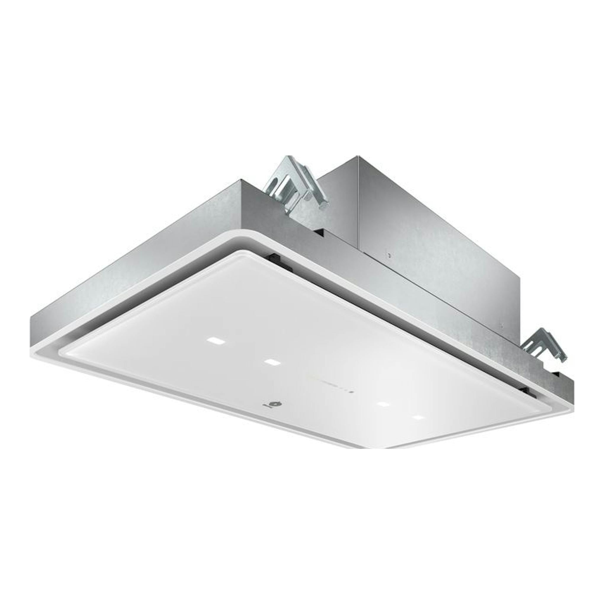 Campana de techo Balay 3BE296ABC, blanca, vista inferior en perspectiva, con panel de cristal blanco.