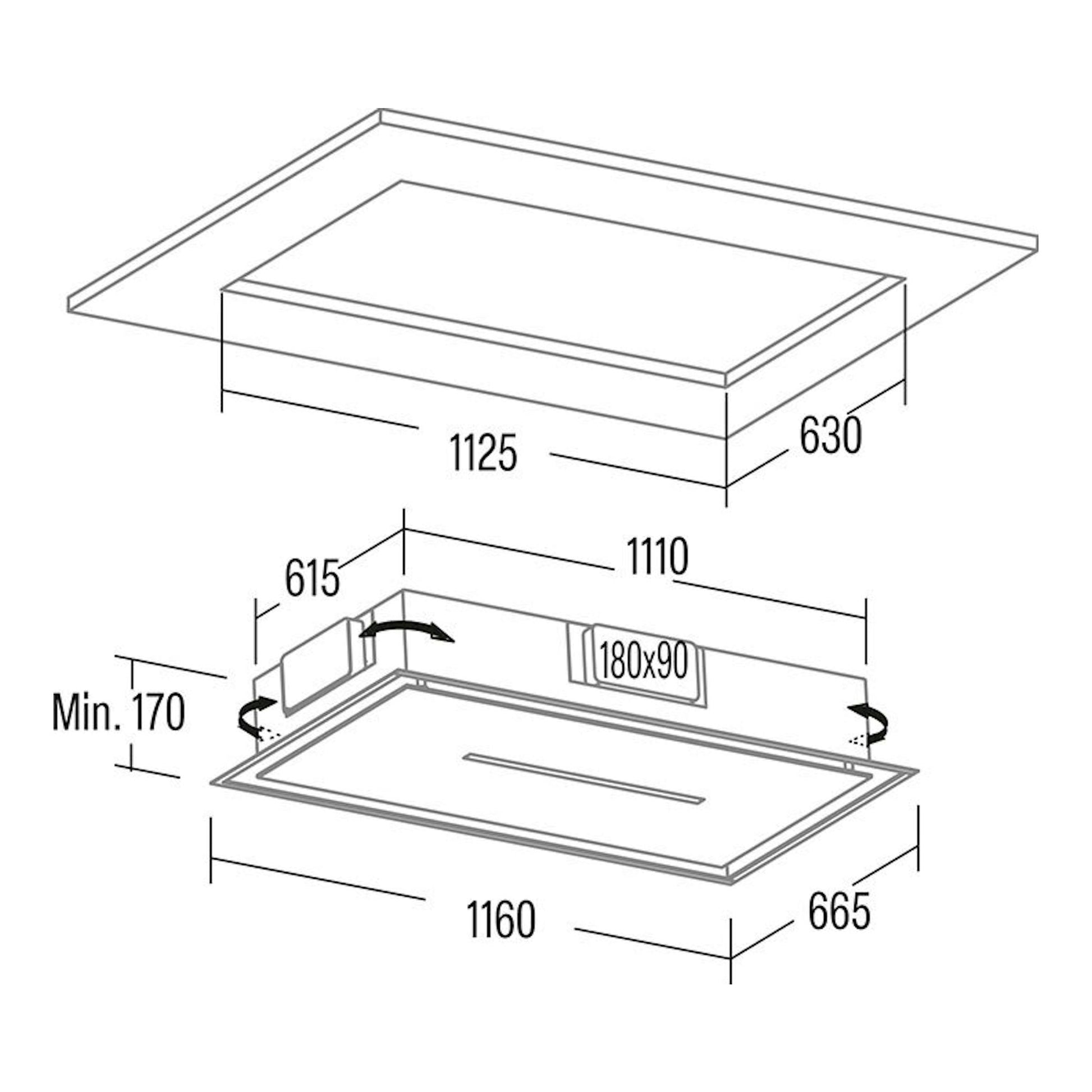 Diagrama técnico de campana de techo Cata Bennu Slim 1200 X inox, vista inferior y medidas.