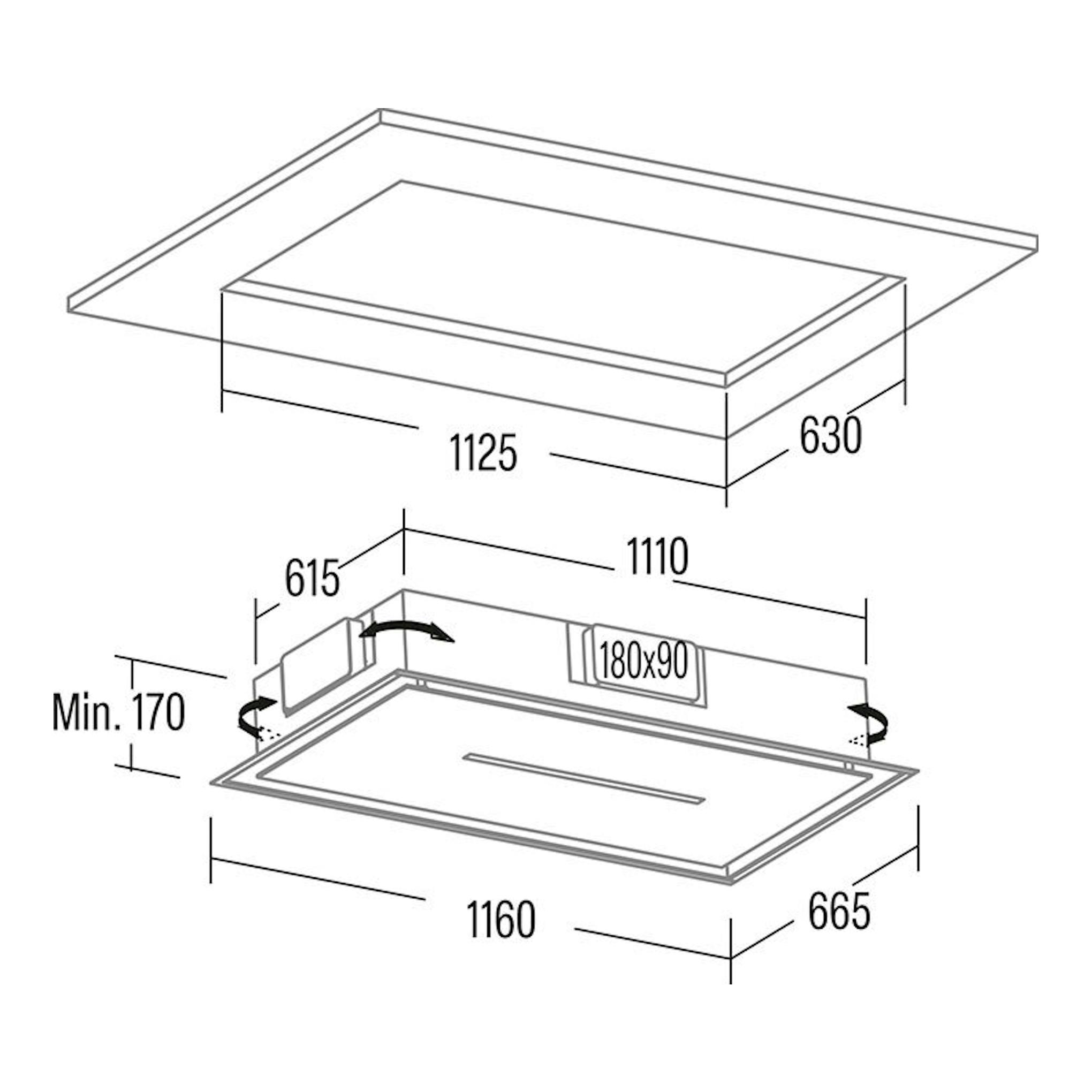 Diagrama técnico de campana de techo Cata Bennu Slim 1200 X inox, vista inferior y medidas.
