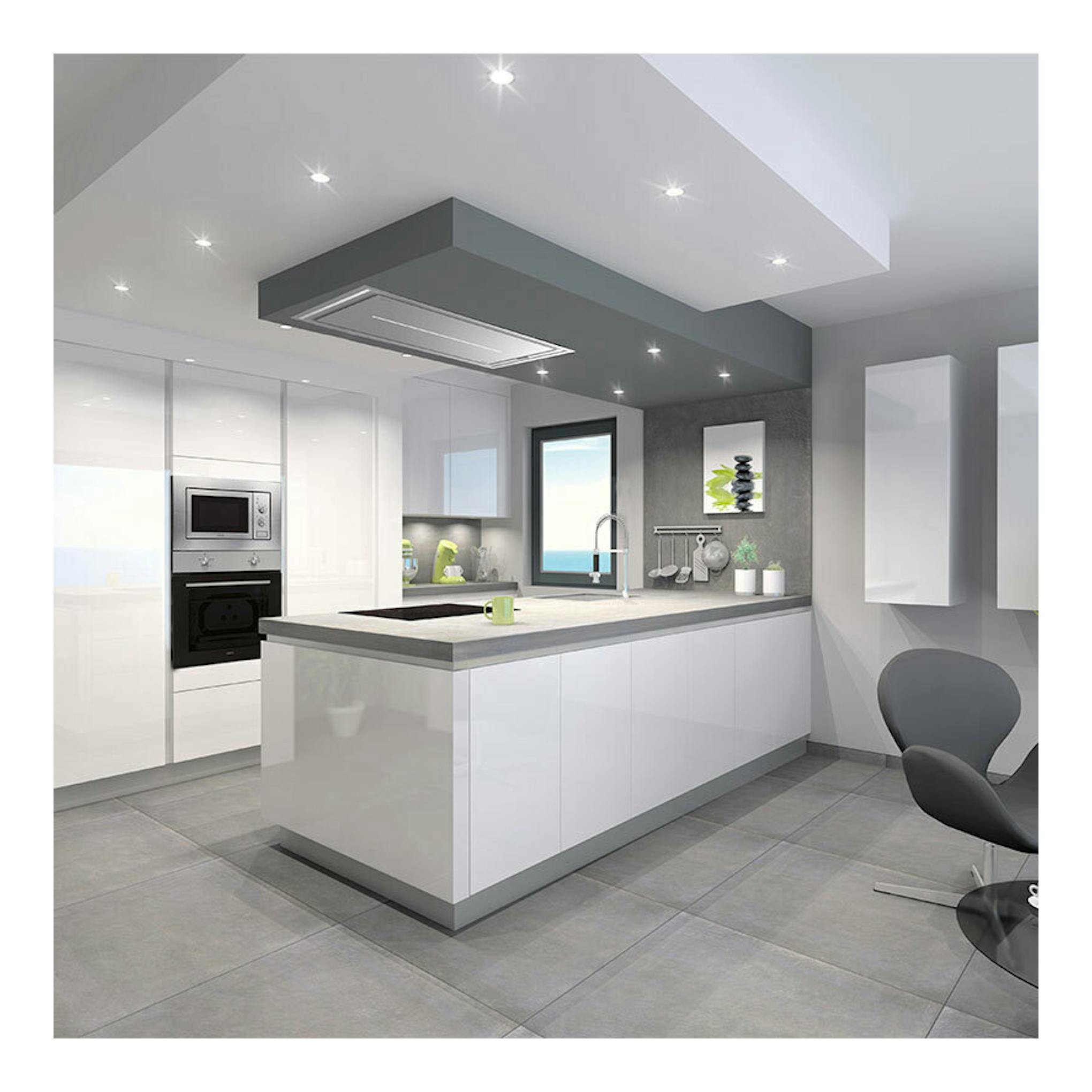 Campana de techo Cata Isla Bennu Slim 1200 X inox, vista frontal en cocina moderna con isla.