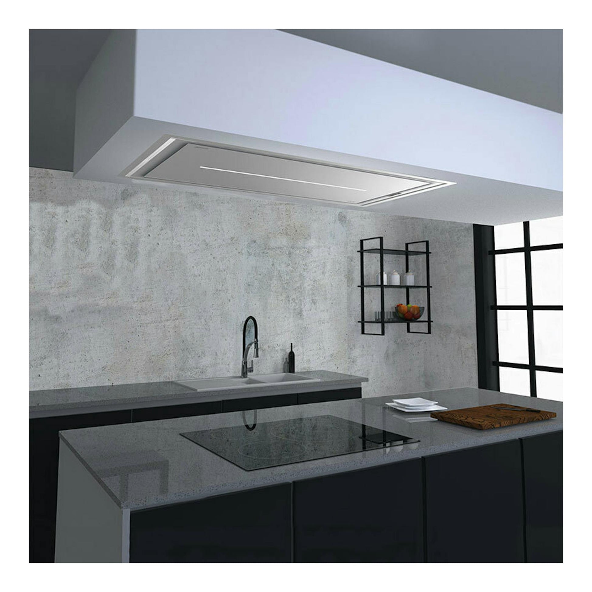 Campana de techo Cata Bennu Slim 1200 X inox, vista inferior, integrada en cocina moderna gris y negra.