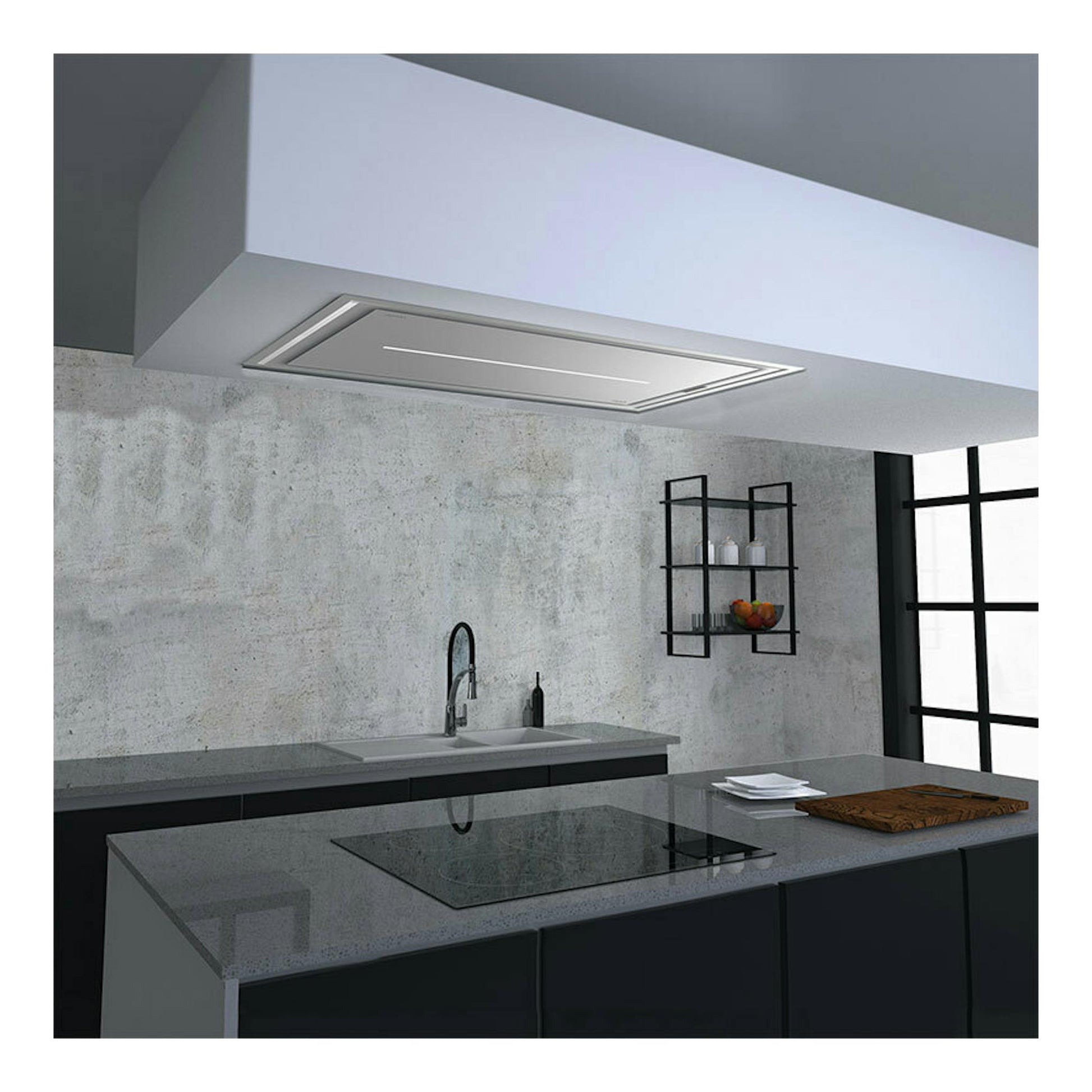 Campana de techo Cata Isla Bennu Slim 900 X blanca, vista inferior, integrada en el techo sobre una isla de cocina.