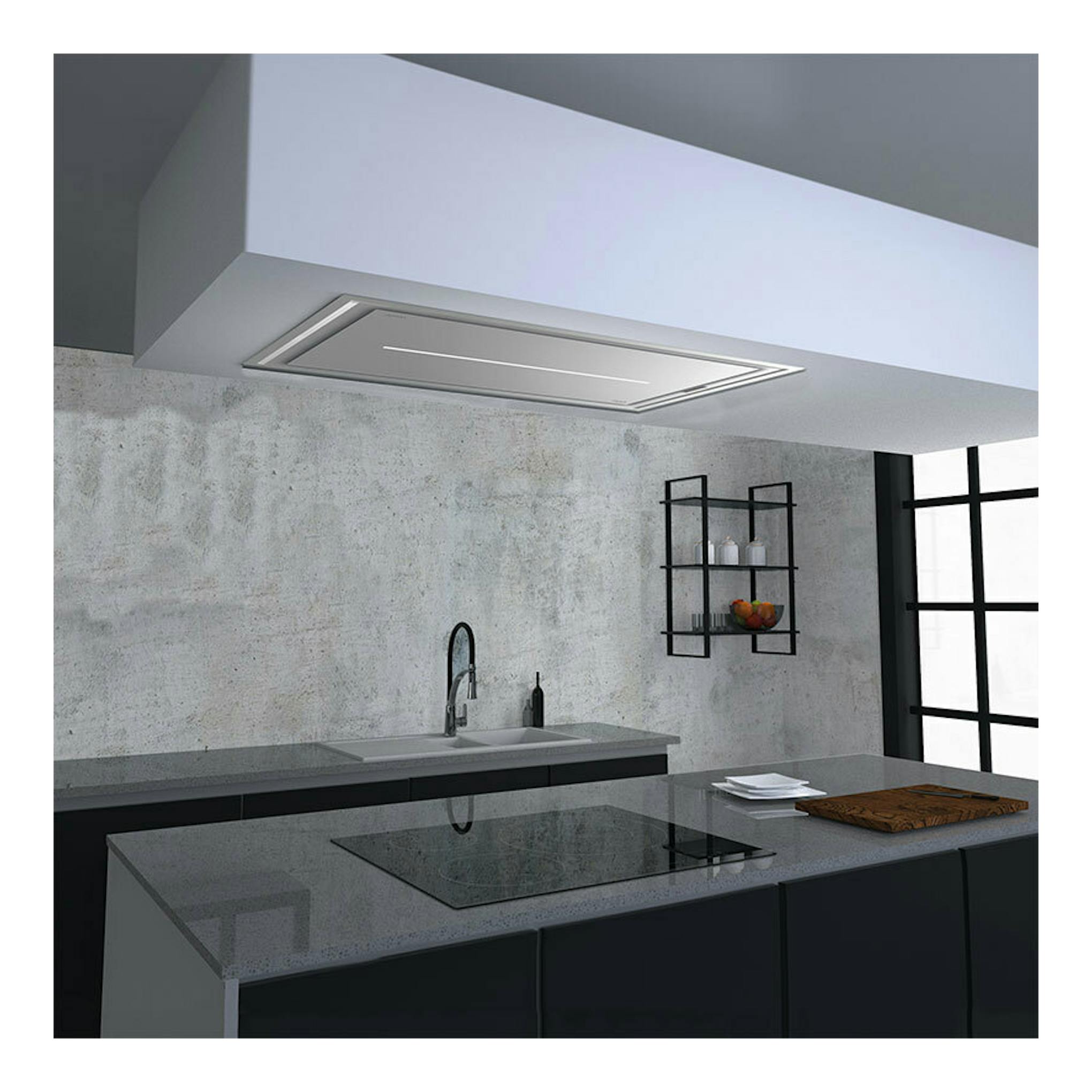 Campana de techo Cata Isla Bennu Slim 900 X blanca, vista inferior, integrada en el techo sobre una isla de cocina.