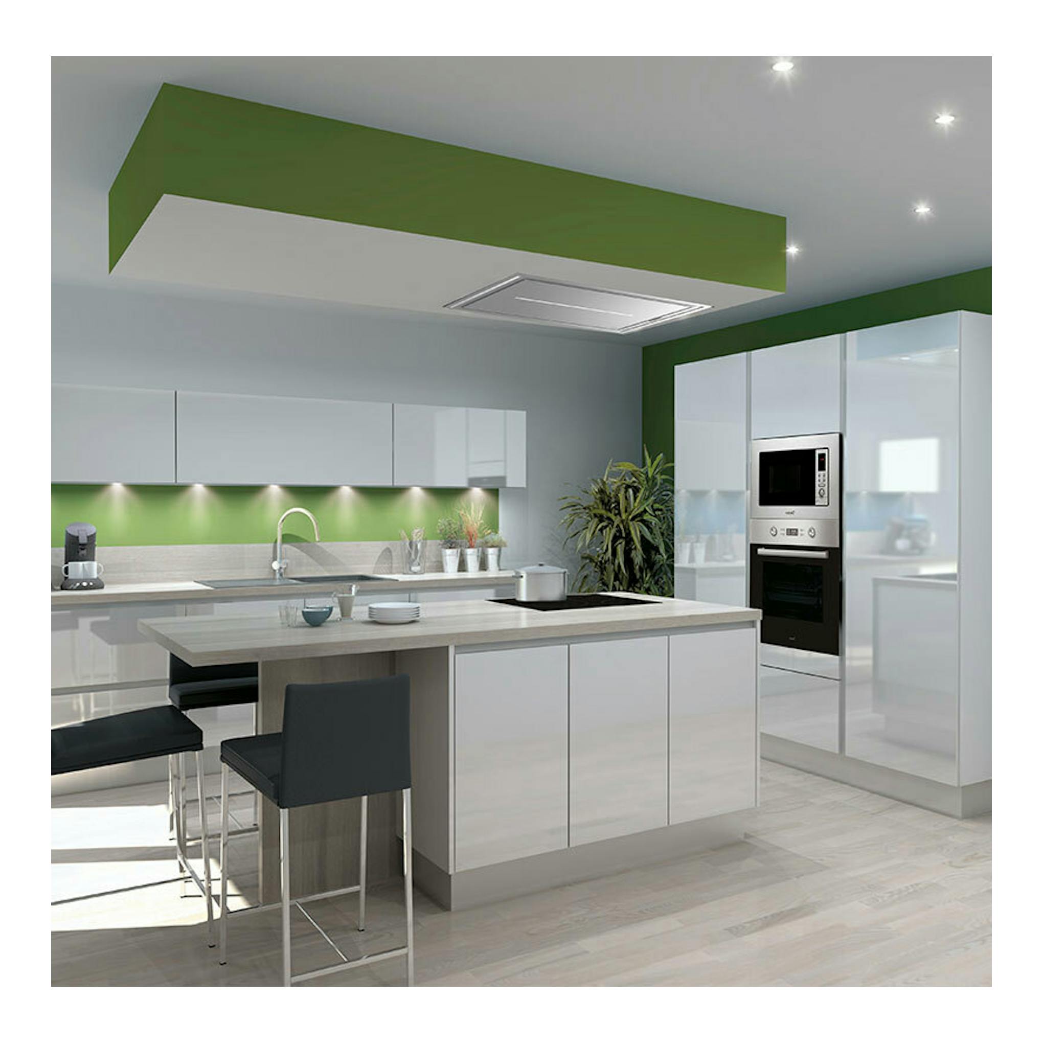 Campana de techo Cata Isla Bennu Slim 900 X, vista frontal, color inox, en cocina blanca y verde.