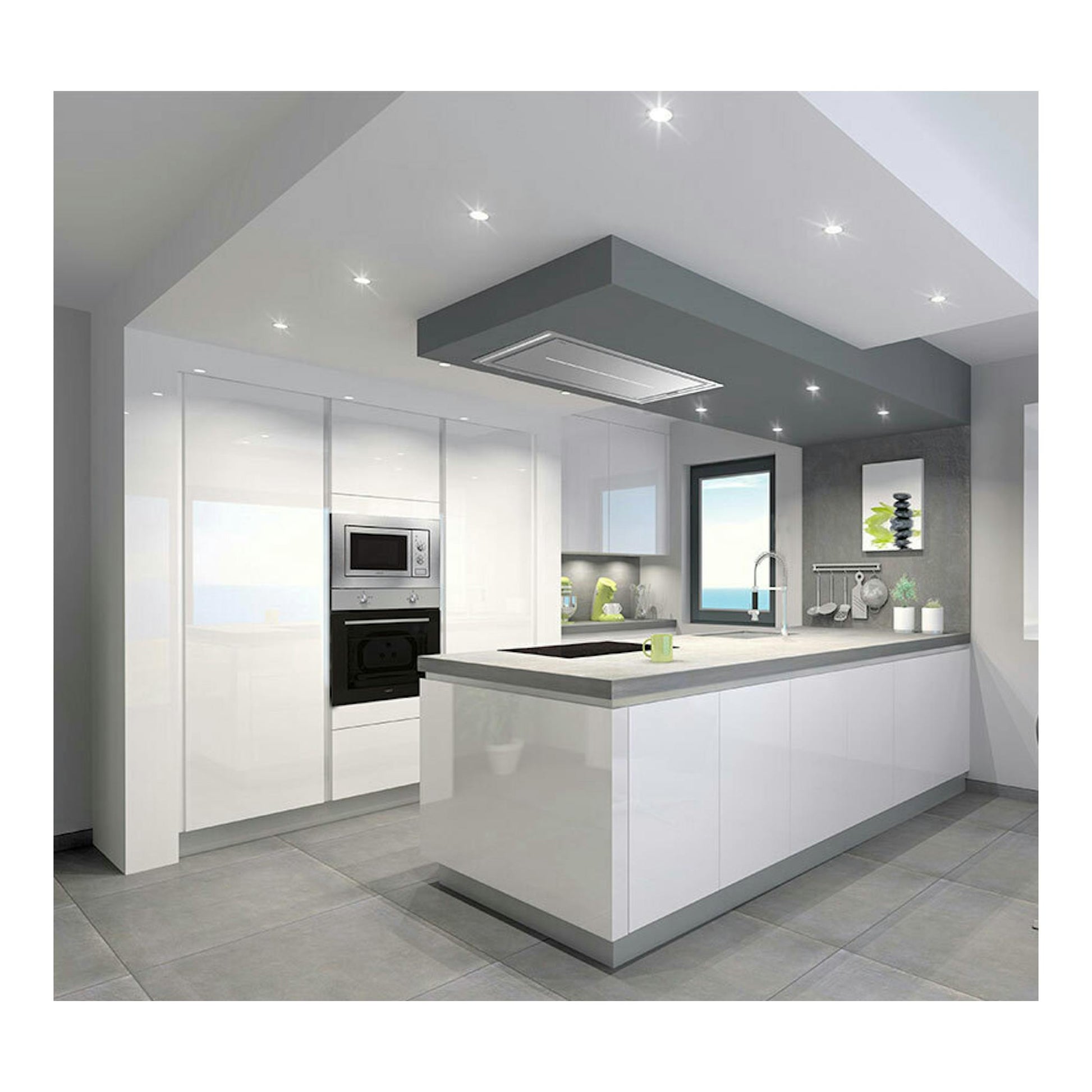 Campana de techo Cata Bennu Slim 900 X, vista general en cocina moderna blanca con isla.