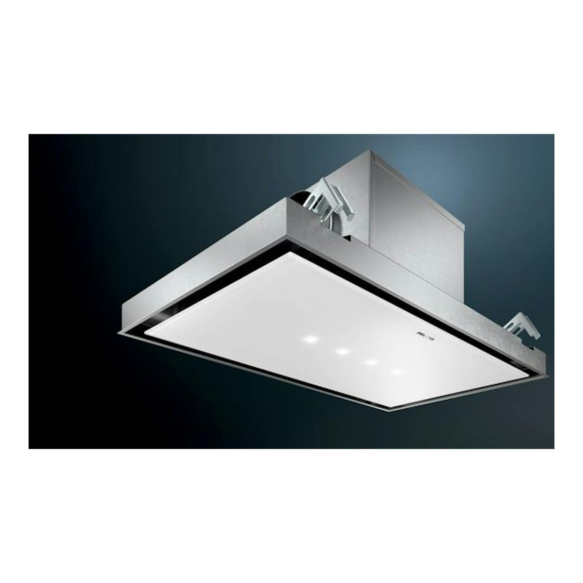 Campana de techo Siemens LR96CBS20, vista inferior, blanca y acero inoxidable.