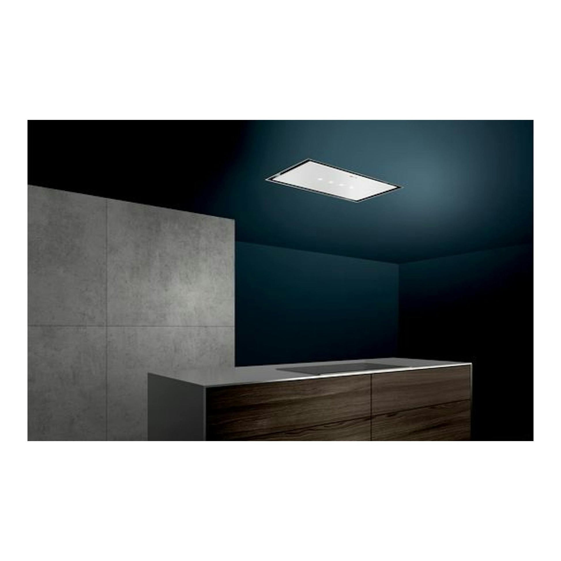 Campana de techo Siemens LR96CBS20 blanca, vista cenital sobre cocina moderna.