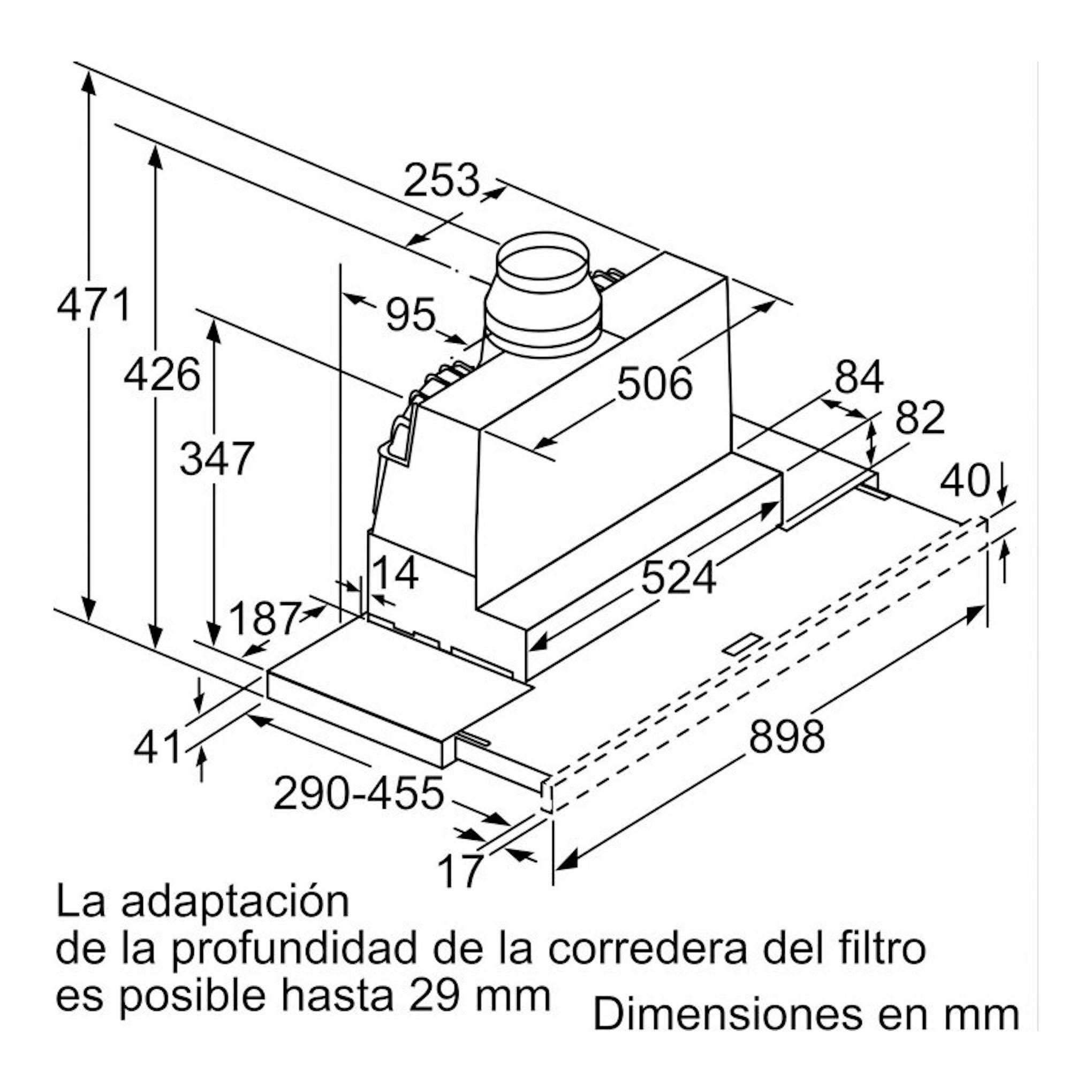 Bosch DFS097A51: esquema técnico de campana telescópica inox de 90 cm con medidas en mm.