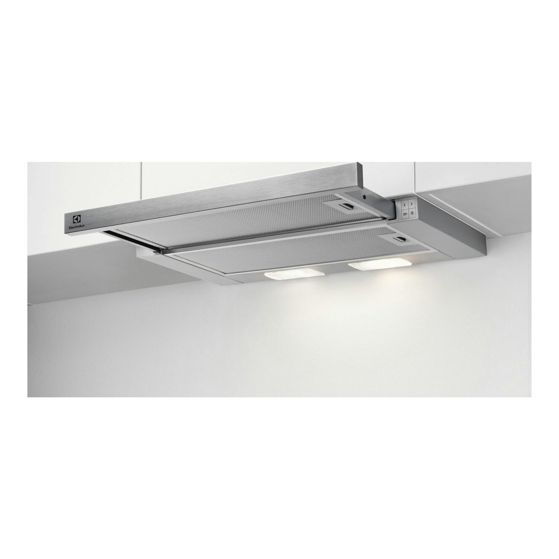 Campana telescópica Electrolux KFP326S en inox, 60 cm, vista inferior con LED bajo mueble.