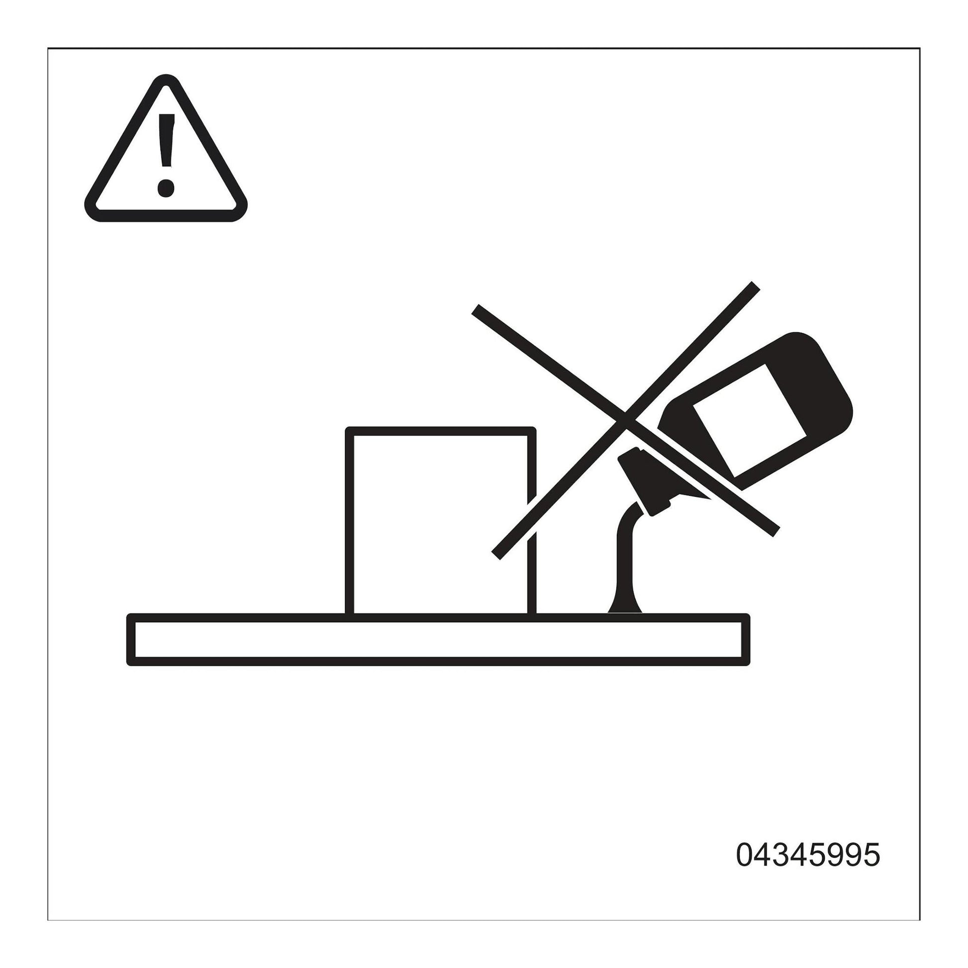 Icono en blanco y negro de advertencia: recipiente inclinado tachado sobre una superficie, con número 04345995.