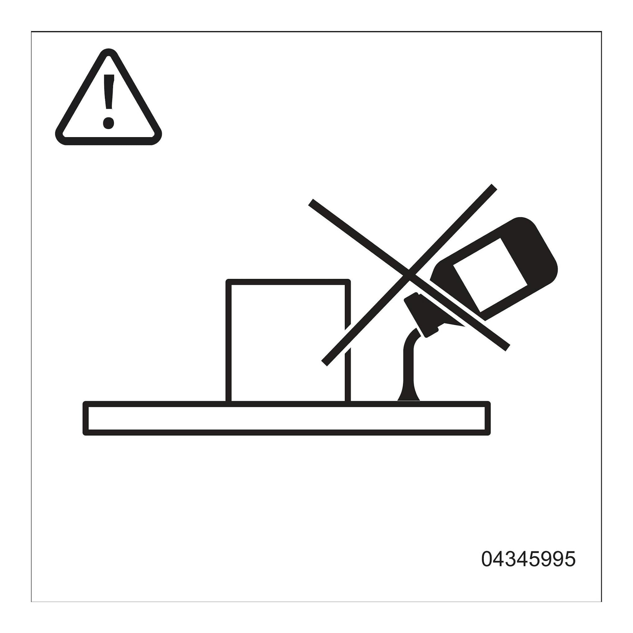Icono en blanco y negro de advertencia: recipiente inclinado tachado sobre una superficie, con número 04345995.