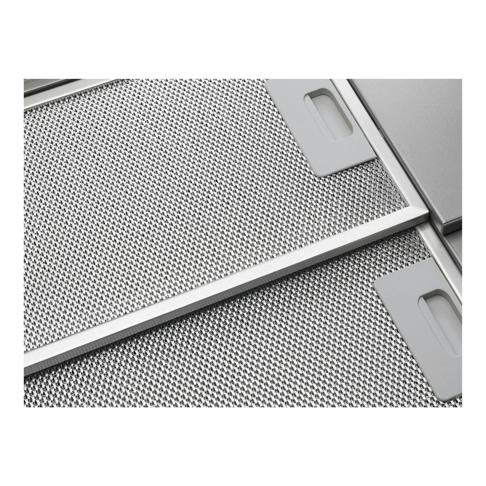 Campana telescópica Electrolux KFP326S en inox, vista frontal en primer plano del filtro metálico.
