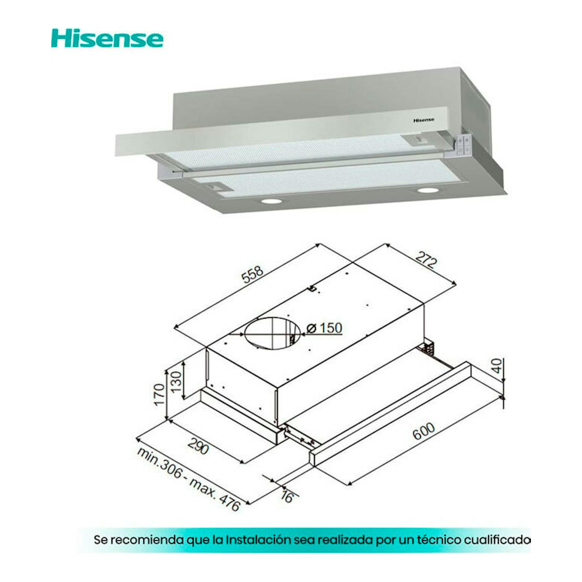 Campana telescópica Hisense CH6TL4BX inox 60 cm, vista frontal y esquema técnico con medidas.