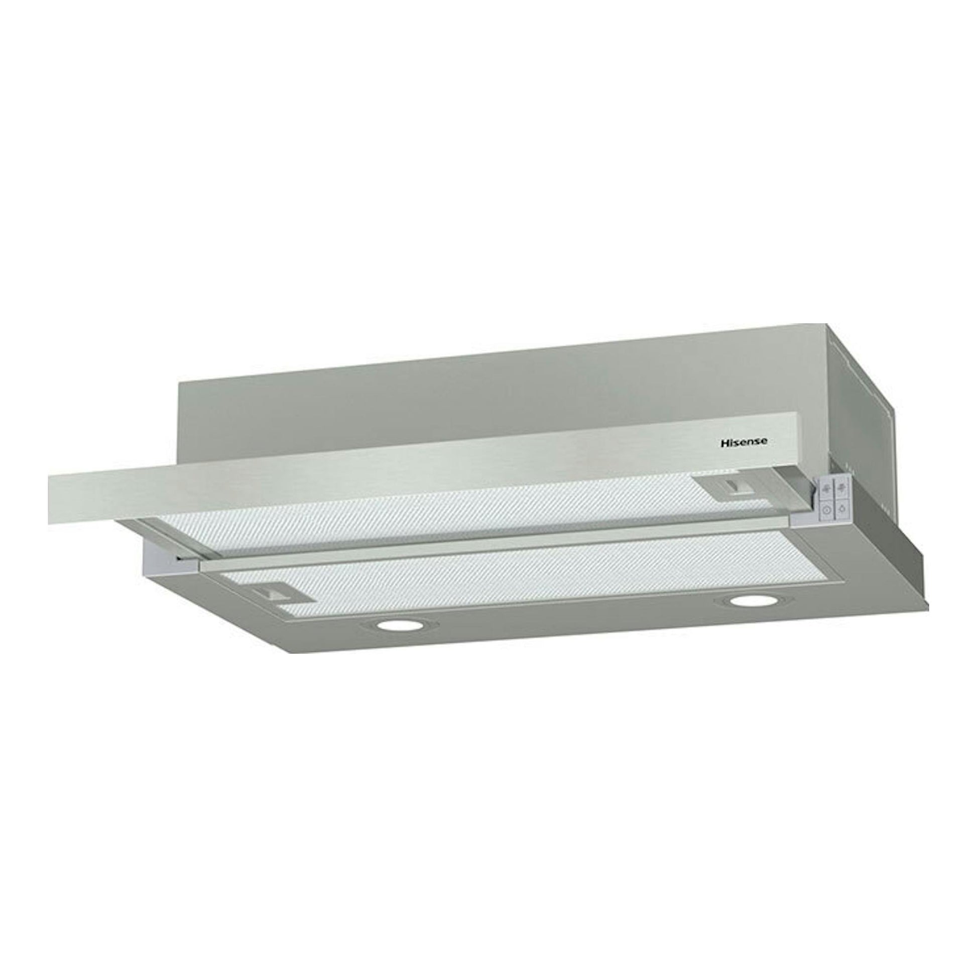 Campana telescópica Hisense CH6TL4BX inox, vista frontal inclinada con panel extraíble.