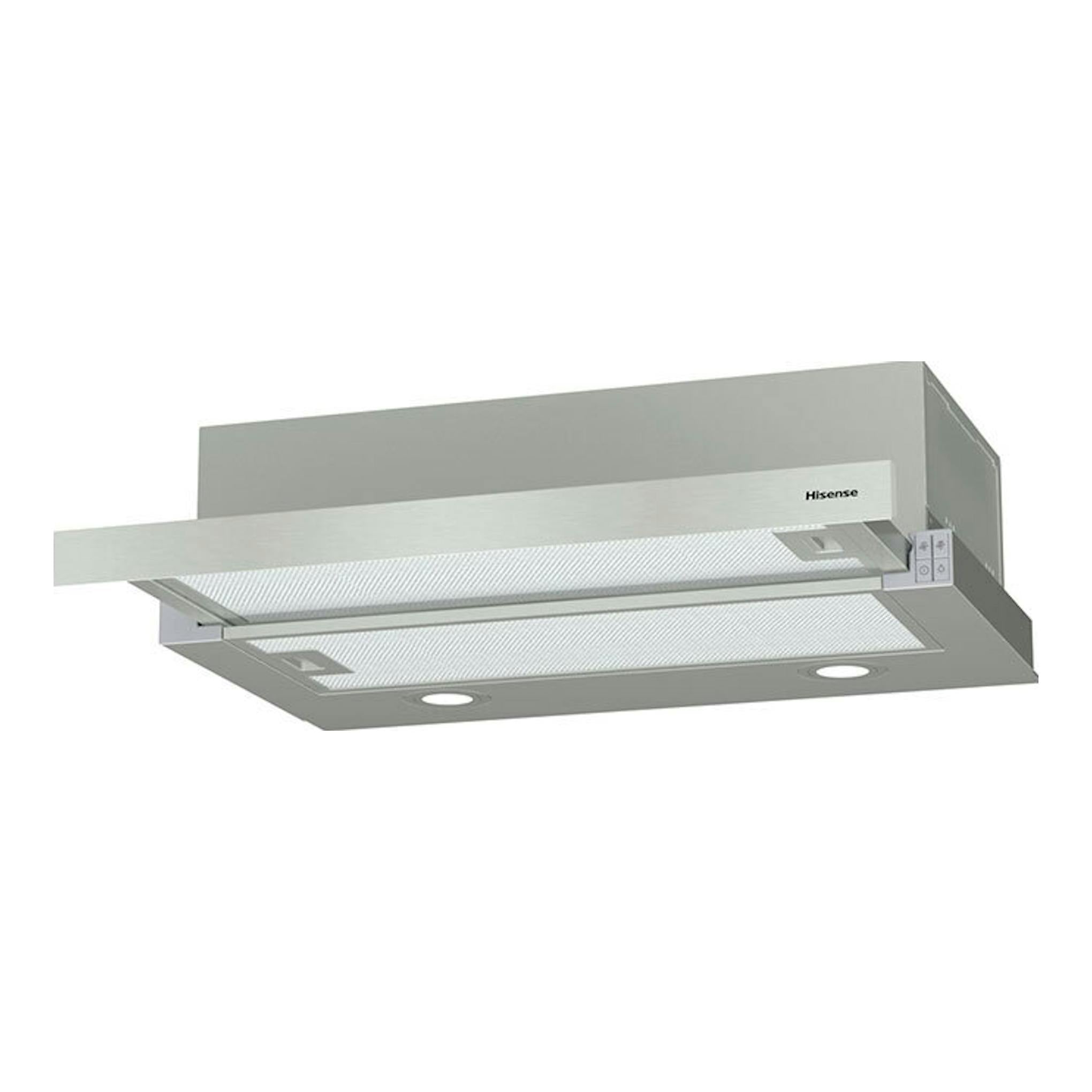 Campana telescópica Hisense CH6TL4BX inox, vista frontal inclinada con panel extraíble.