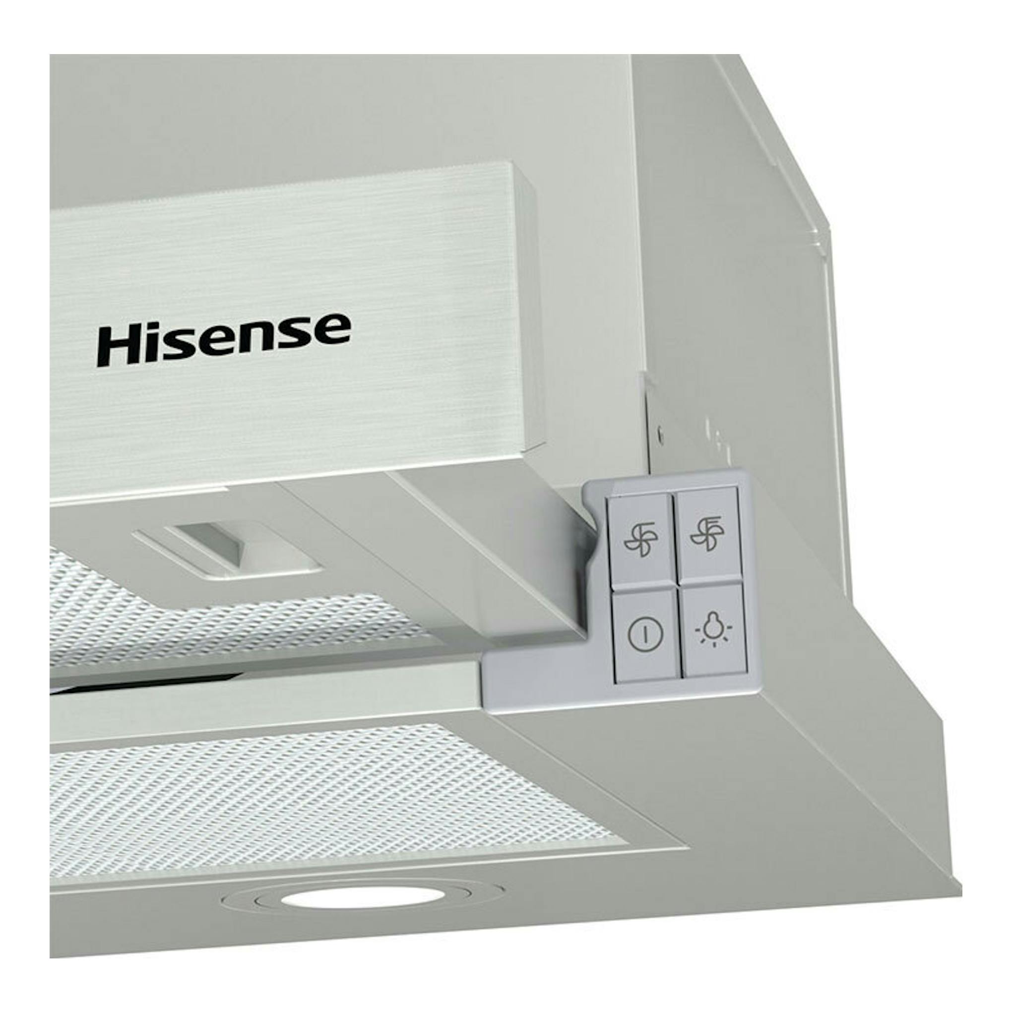 Campana telescópica Hisense CH6TL4BX en inox, vista frontal lateral con panel de botones.