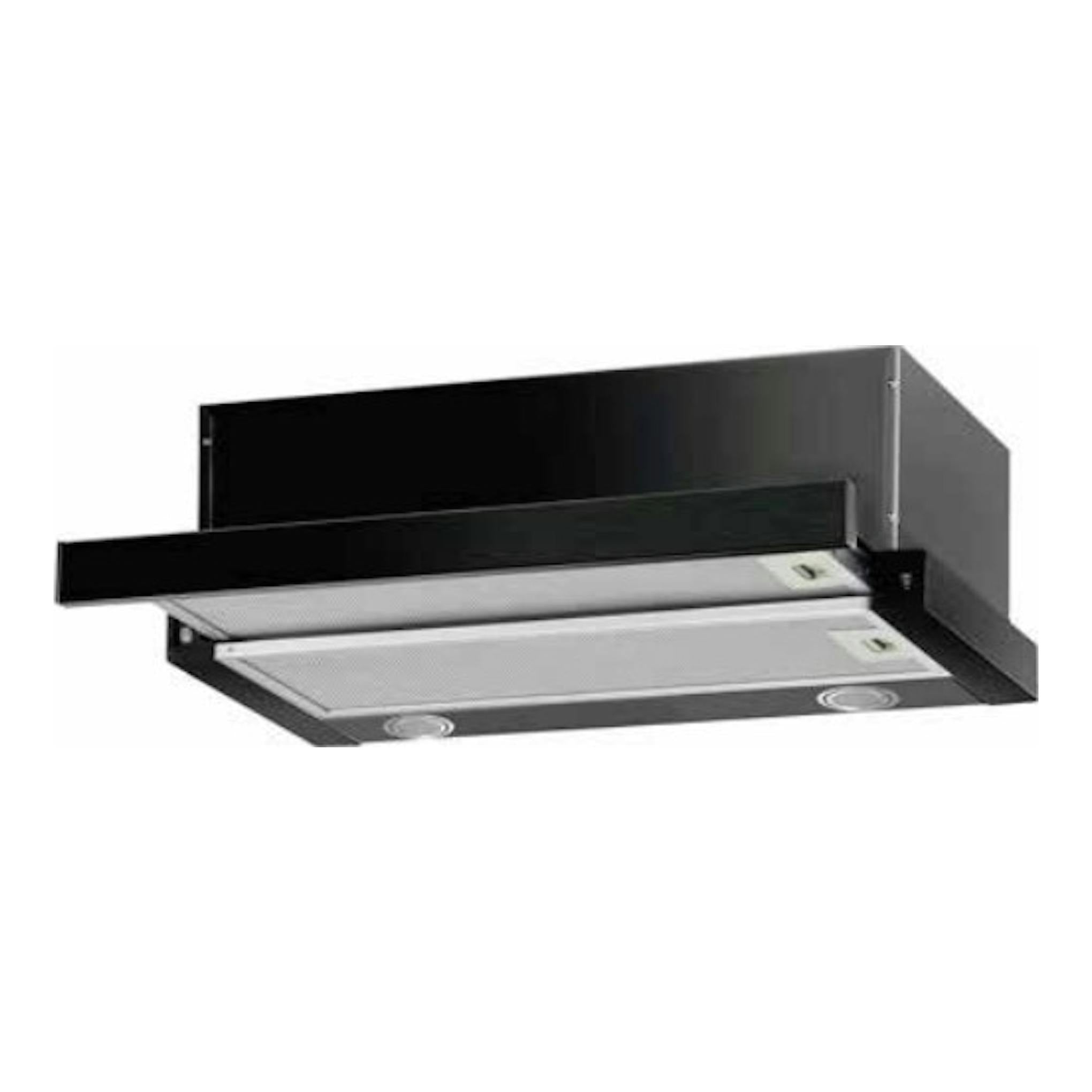 Campana telescópica Mepamsa Slimline 60 negra, vista en ángulo, con frontal extensible.