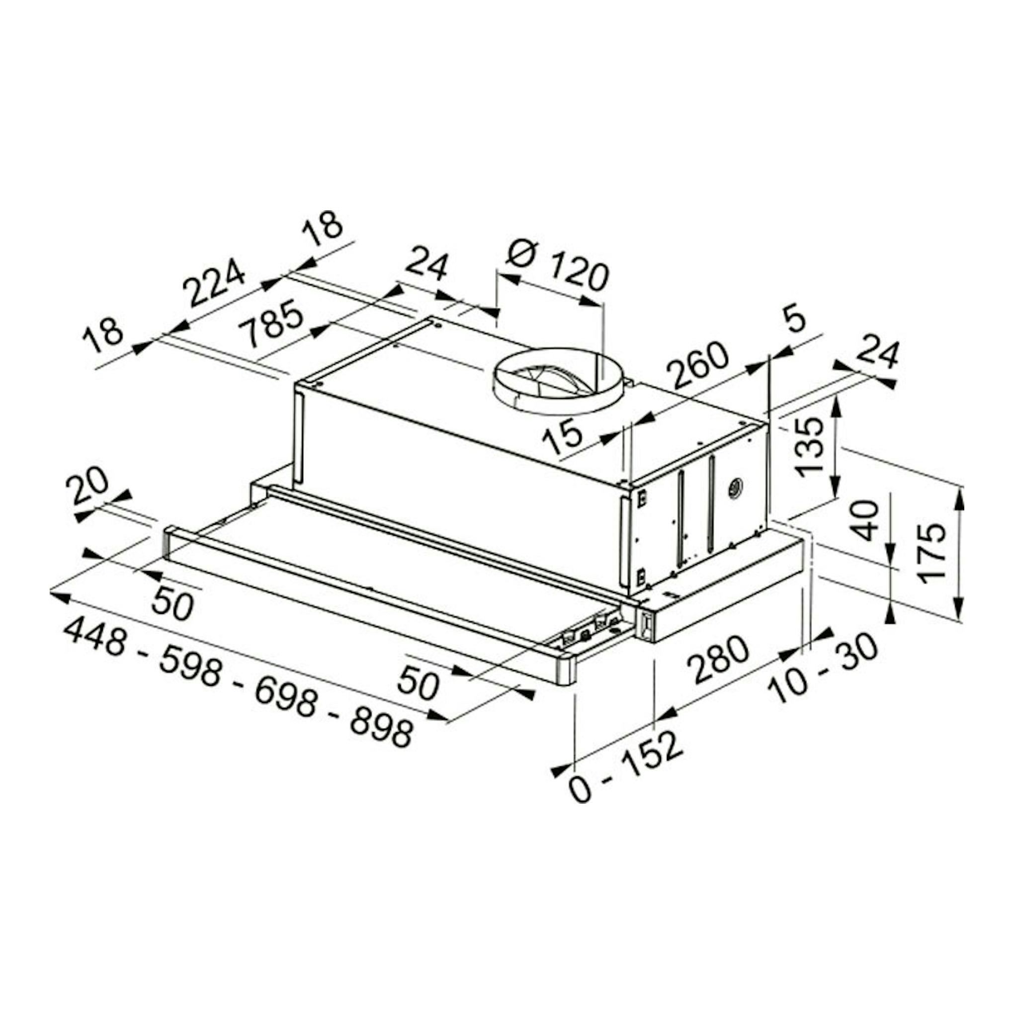 Dibujo técnico isométrico de la campana telescópica Mepamsa Superline Inox 70 cm, en blanco y negro.