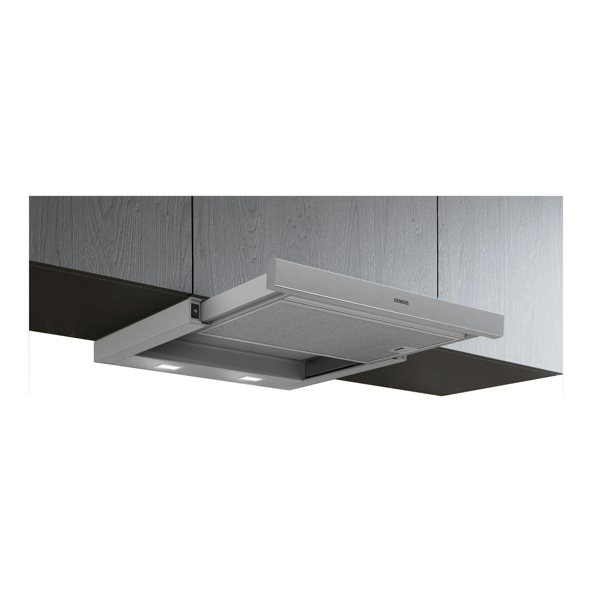 Campana telescópica Siemens LI64MC521 en inox, vista inferior y frontal parcial, con luces LED.
