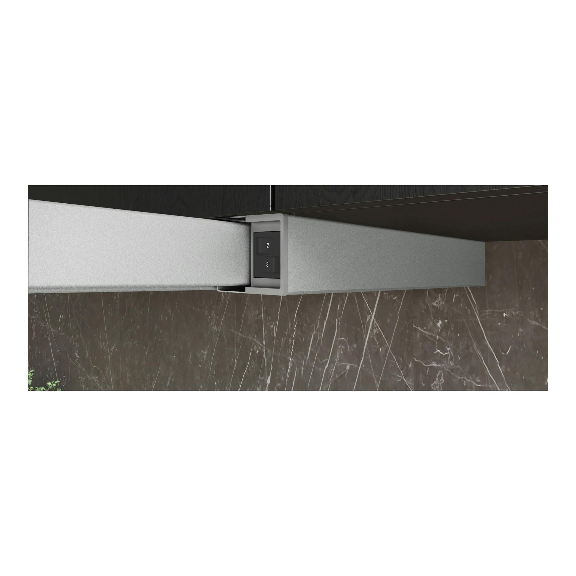 Campana telescópica Siemens LI64MC521 en inox, vista frontal parcialmente extendida bajo armarios.
