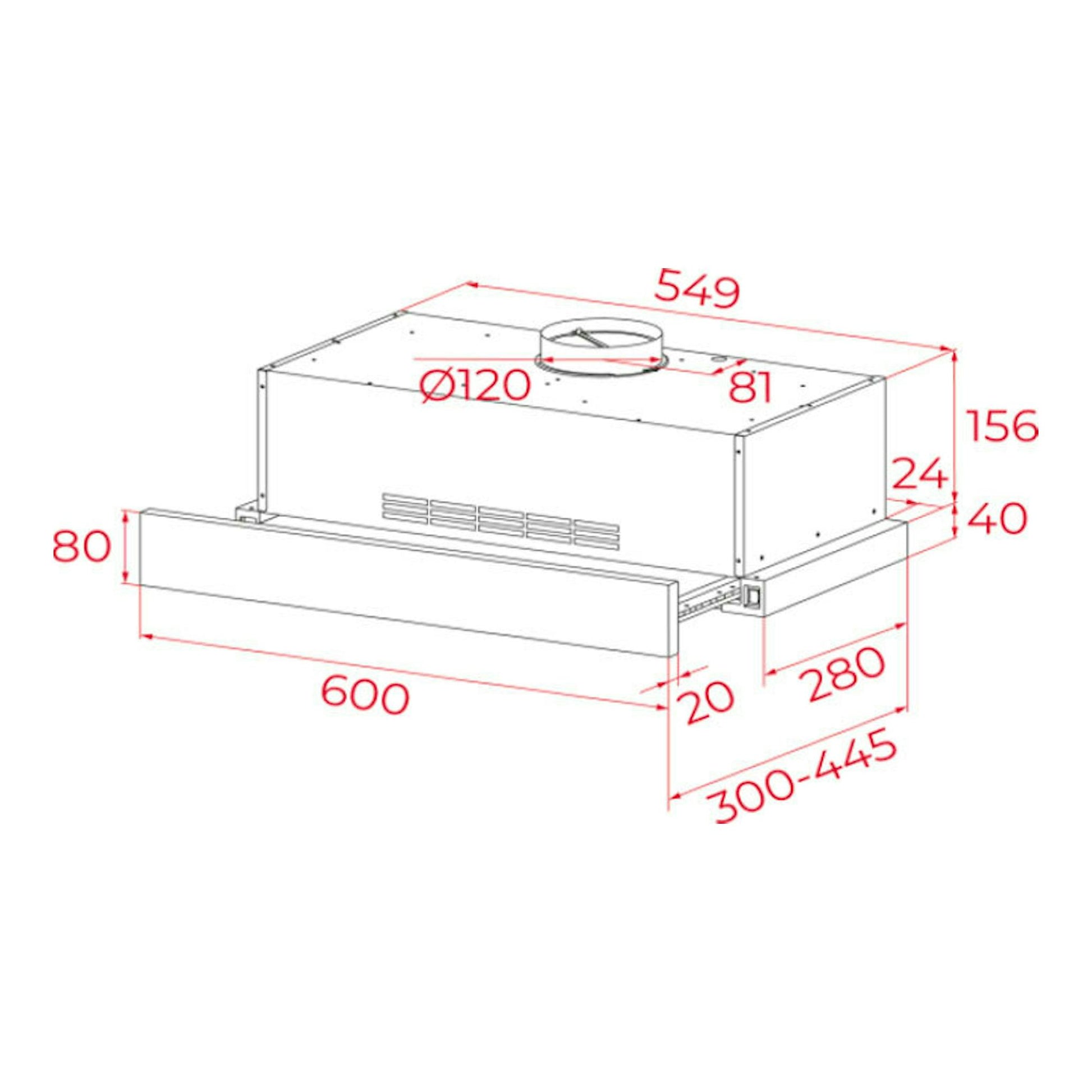 Diagrama técnico de campana telescópica Teka PLR6320MCSIX inox, vista 3/4, con cotas en rojo.