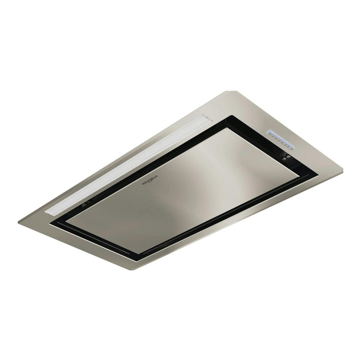 Campana integrable Whirlpool WCT3 64 FLB X en inox, vista inferior en ángulo, con panel LED.