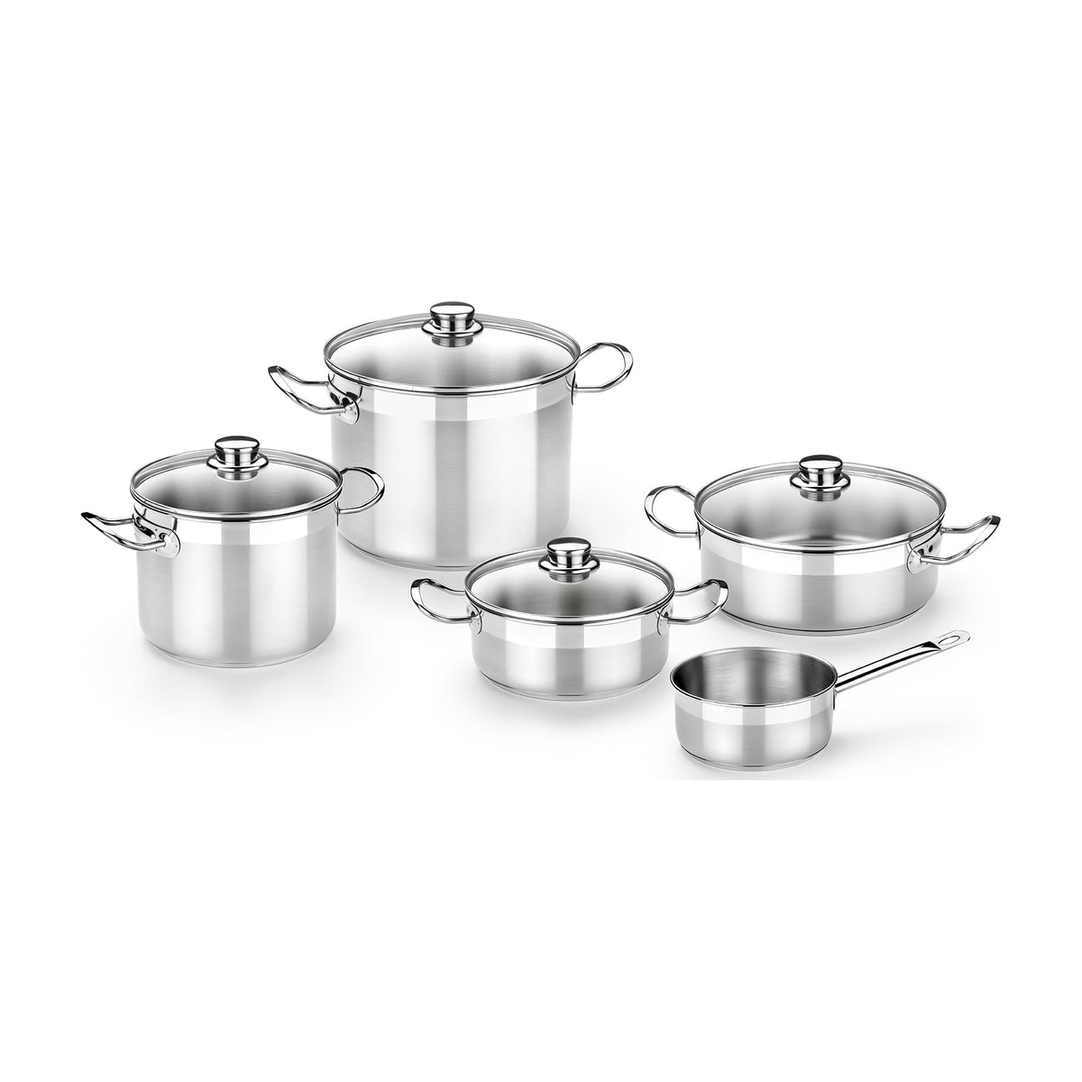 Batería de cocina BRA Profesional, 5 piezas de acero inoxidable con tapas de cristal