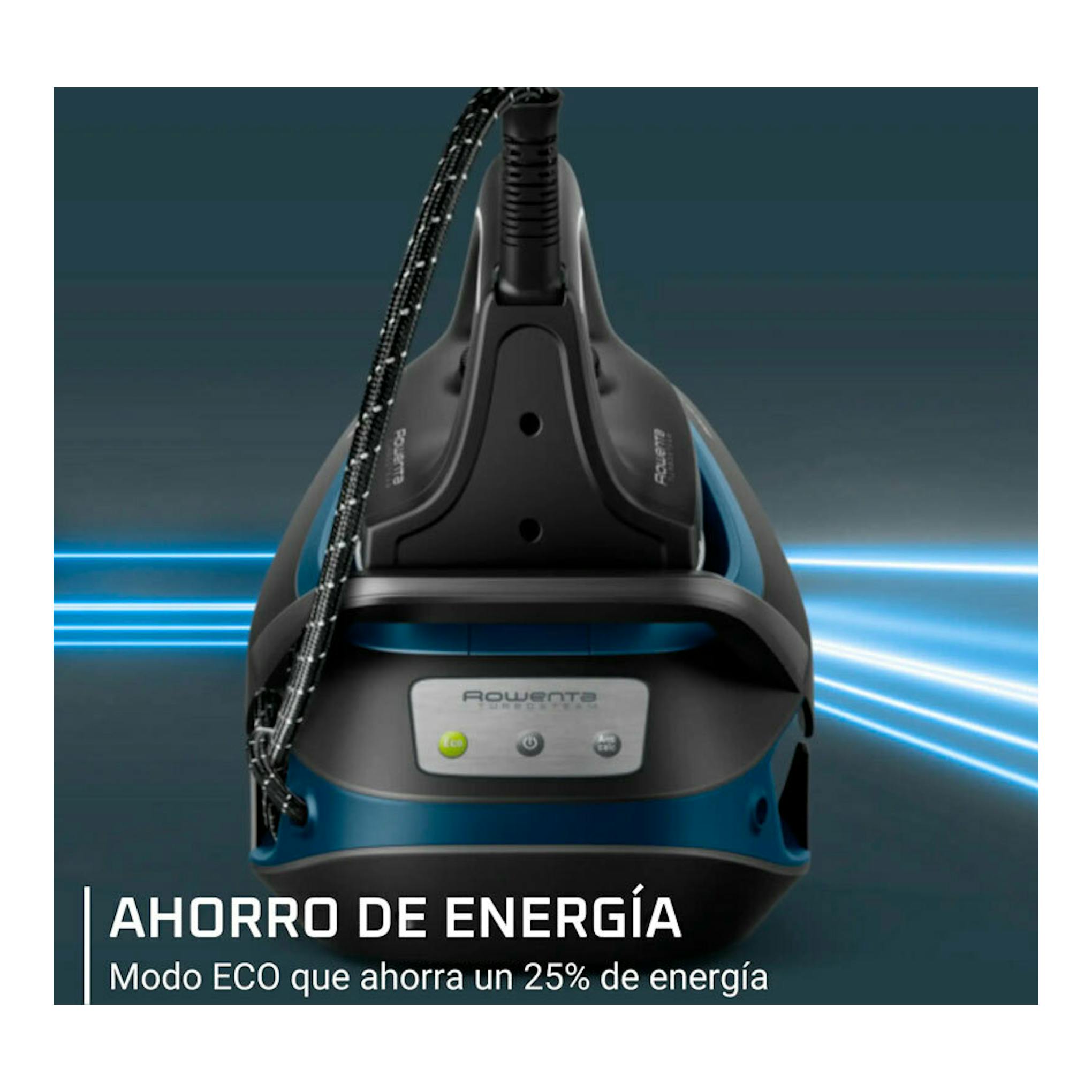 Centro de planchado Rowenta VR8322F0, vista frontal, negro y azul, con manguera y base.