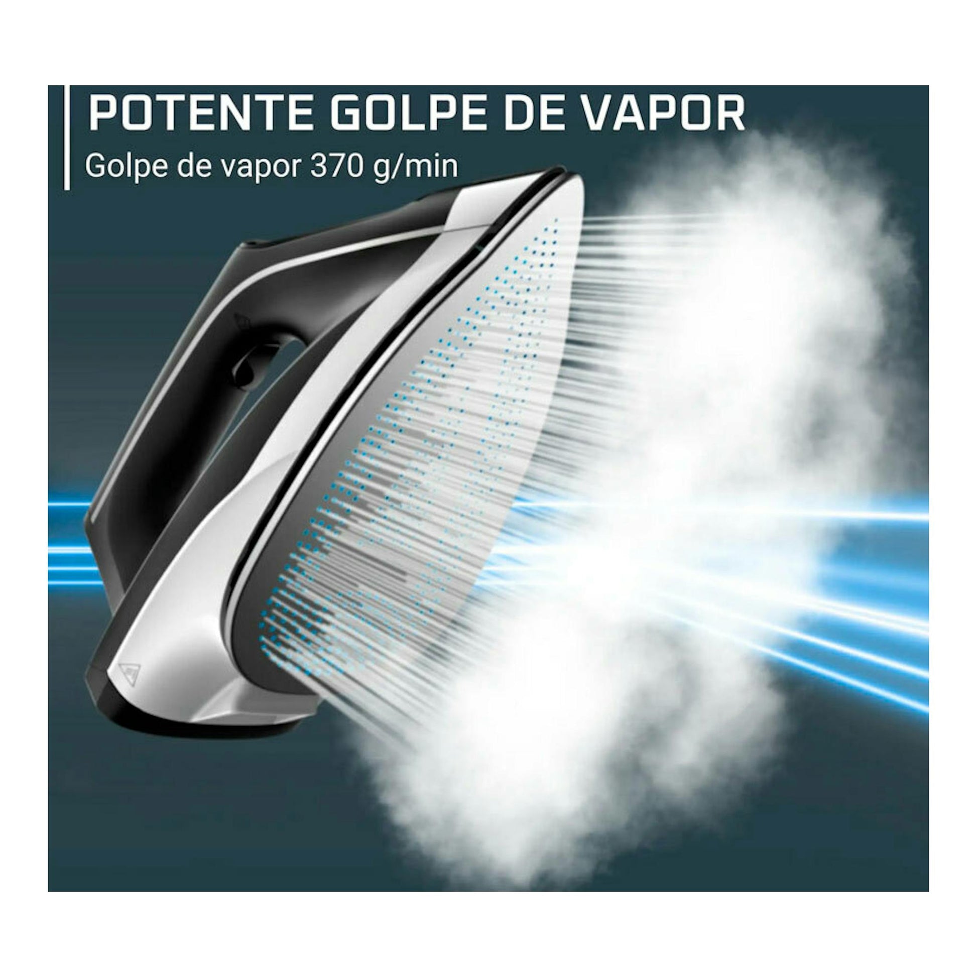 Centro de planchado Rowenta VR8322F0, negro y blanco, visto de perfil, emitiendo vapor.