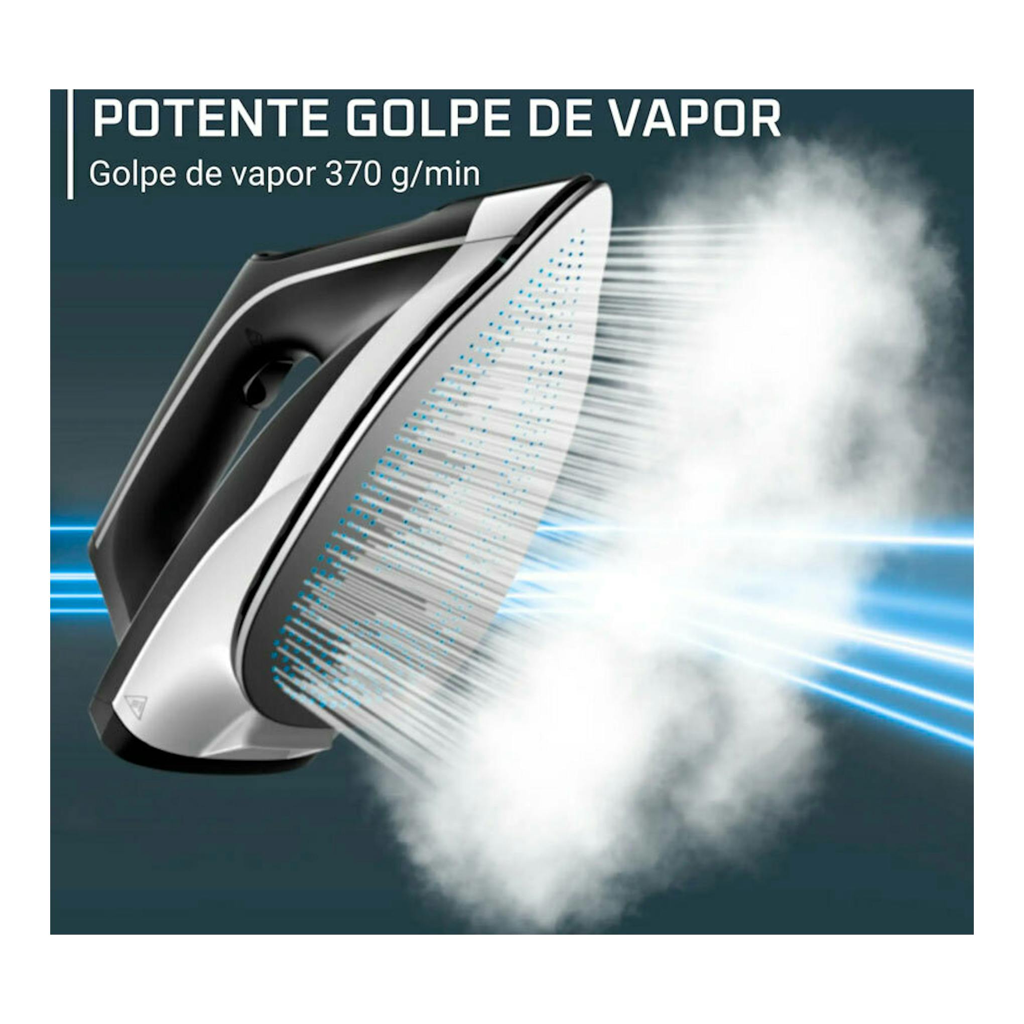 Centro de planchado Rowenta VR8322F0, negro y blanco, visto de perfil, emitiendo vapor.