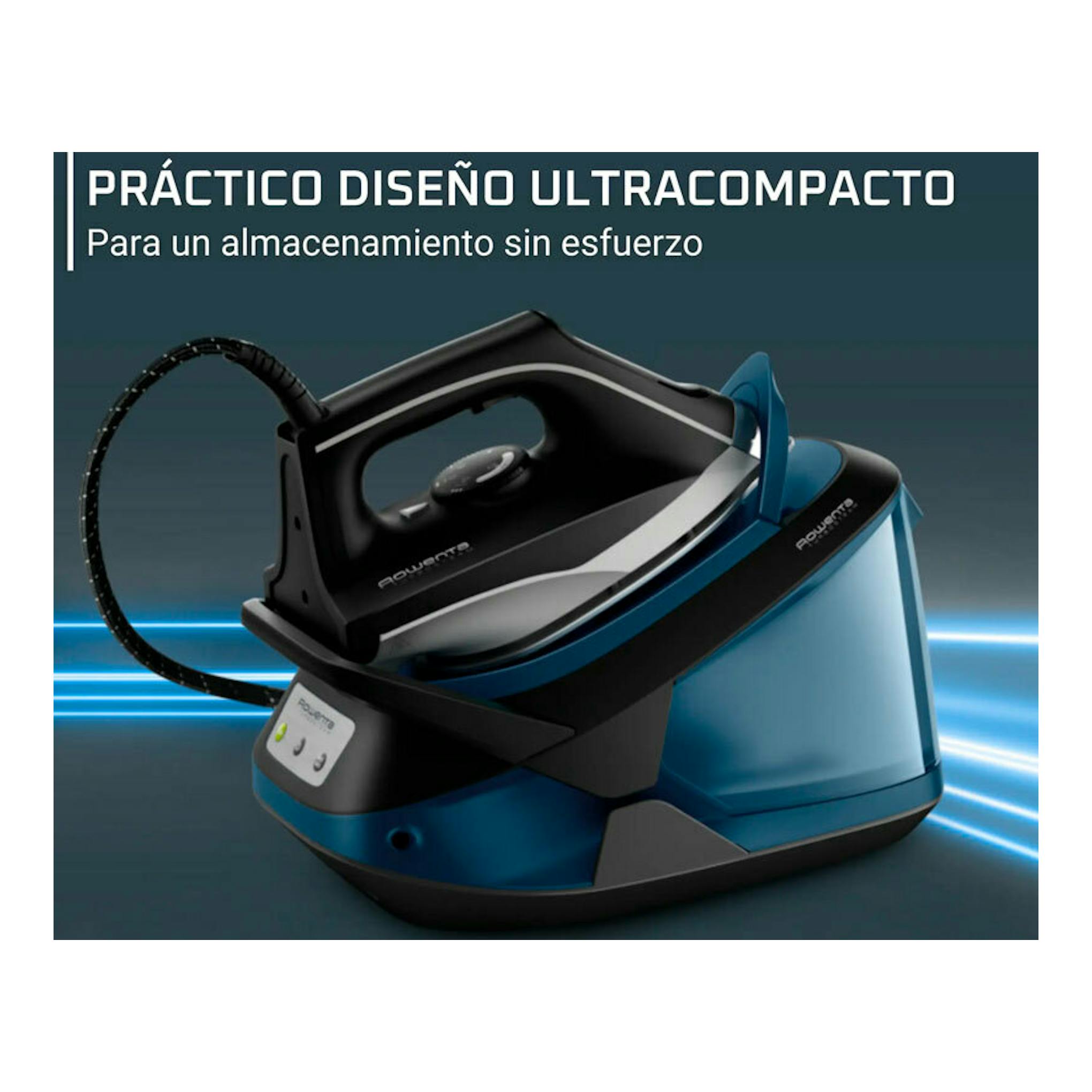 Centro de planchado Rowenta VR8322F0 negro y azul, vista tres cuartos con depósito de agua.