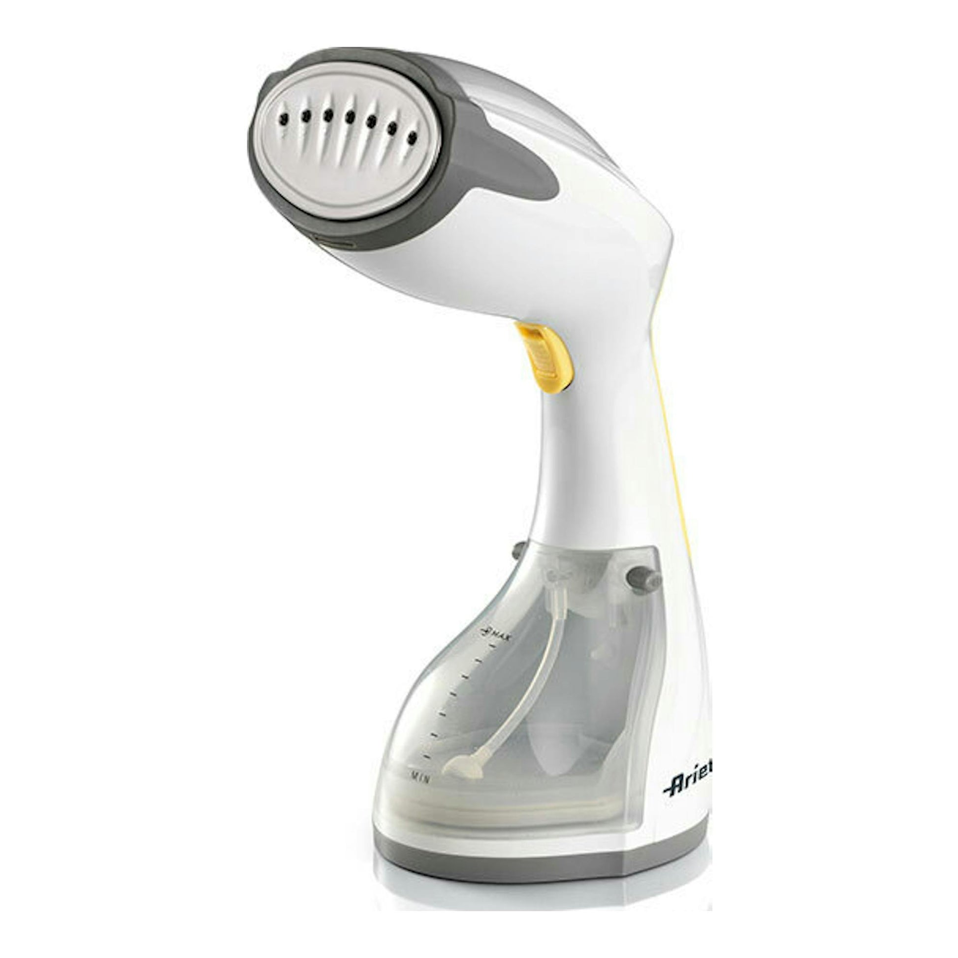 Vaporizador de mano Ariete blanco y gris, vista frontal en tres cuartos, con depósito translúcido.