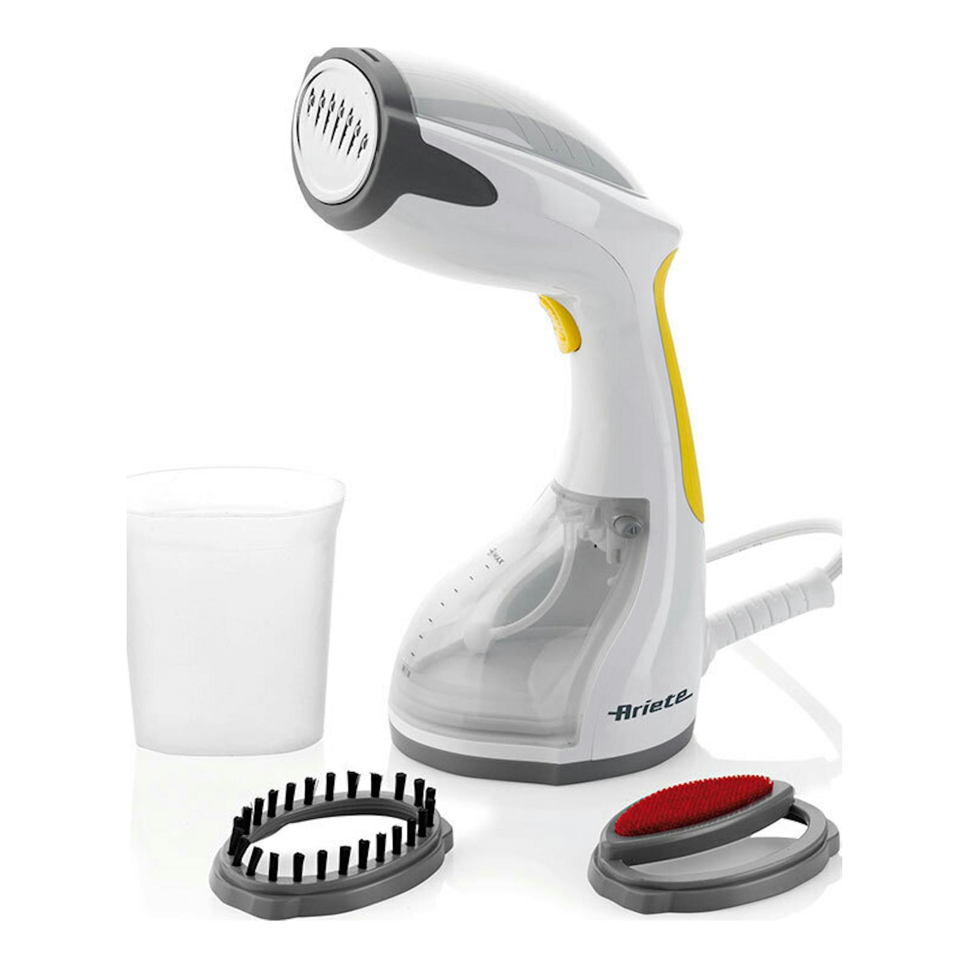 Cepillo vapor de mano Ariete, blanco y gris, vista frontal lateral, con vaso y dos accesorios.